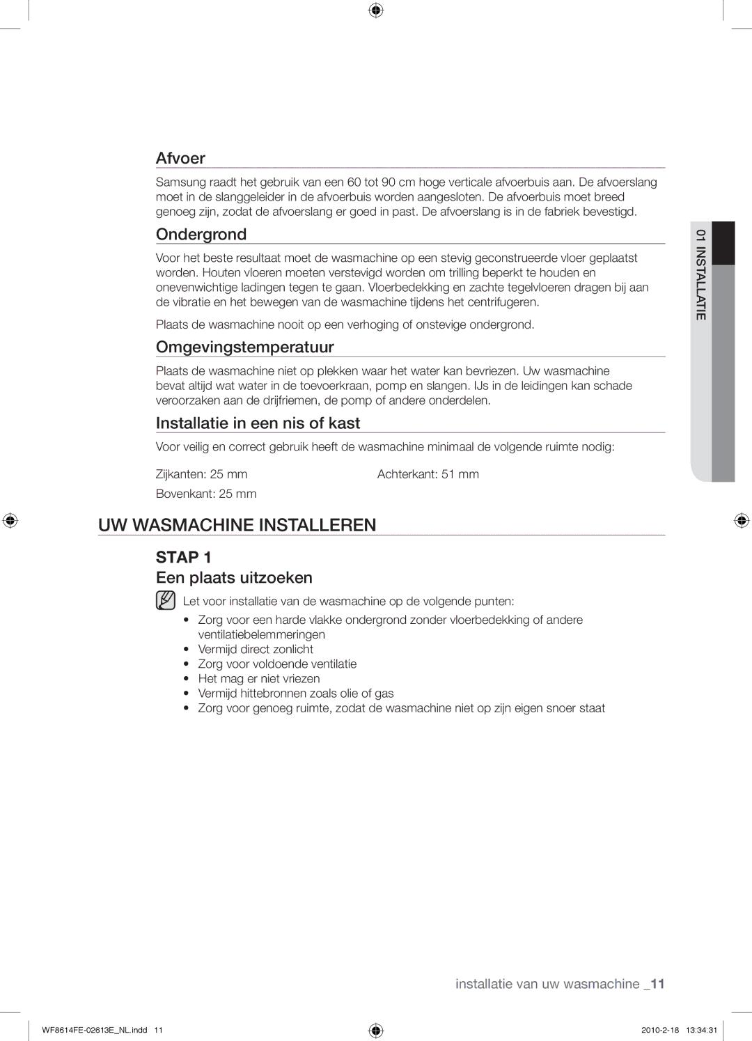 Samsung WF8614FEC/XEN manual UW Wasmachine Installeren 