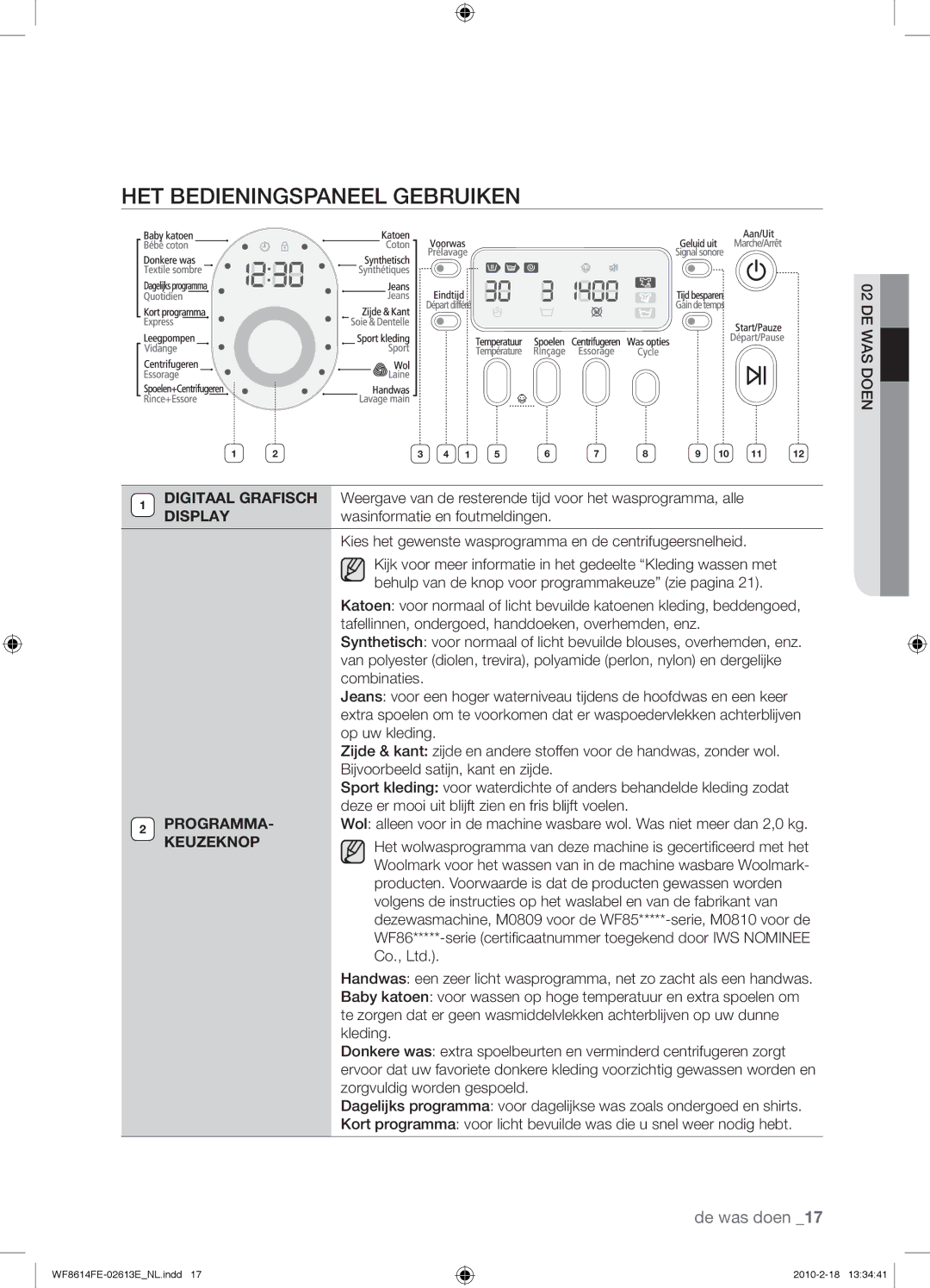 Samsung WF8614FEC/XEN manual HET Bedieningspaneel Gebruiken, Programma, Keuzeknop 