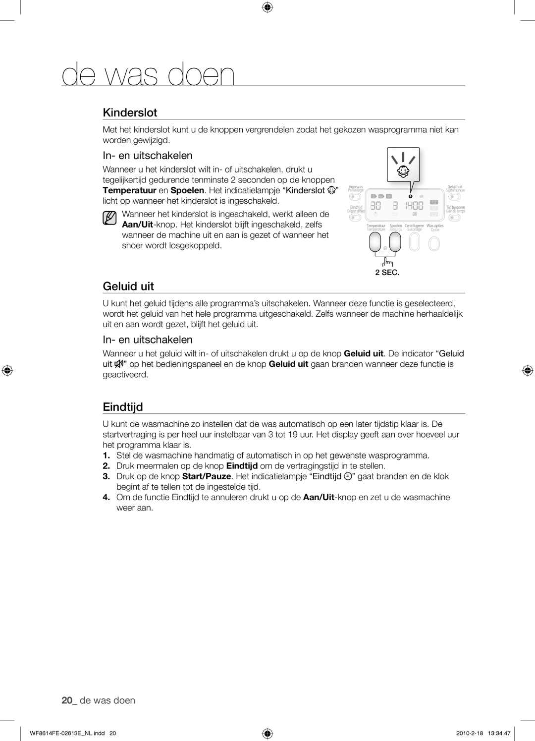 Samsung WF8614FEC/XEN manual Geluid uit, In- en uitschakelen 