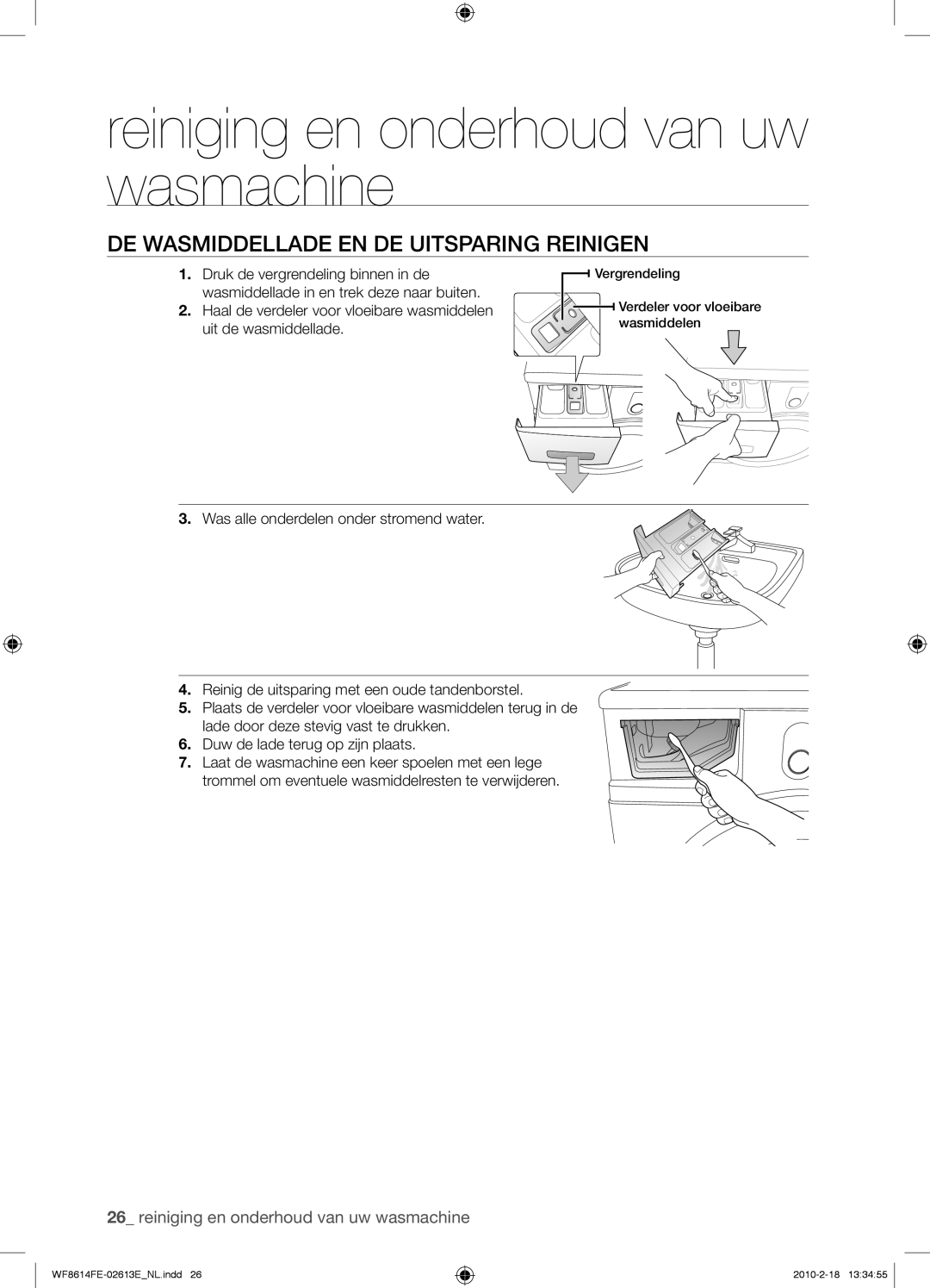 Samsung WF8614FEC/XEN manual DE Wasmiddellade EN DE Uitsparing Reinigen 