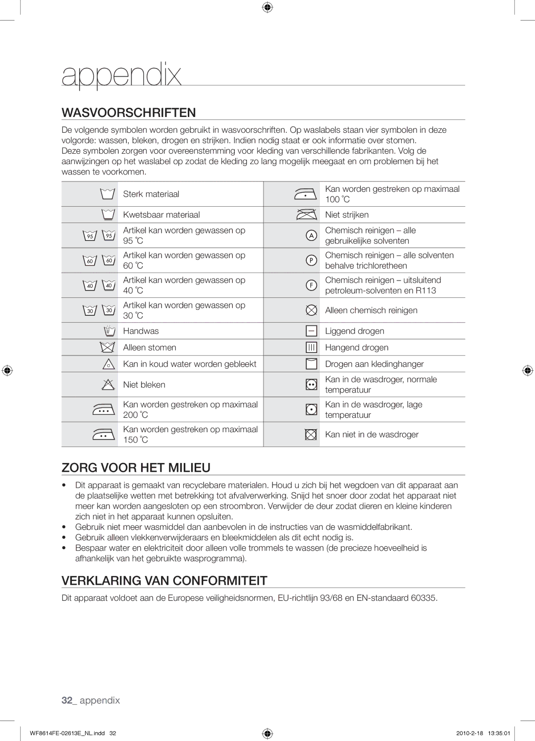 Samsung WF8614FEC/XEN manual Appendix, Zorg Voor HET Milieu, Verklaring VAN Conformiteit 