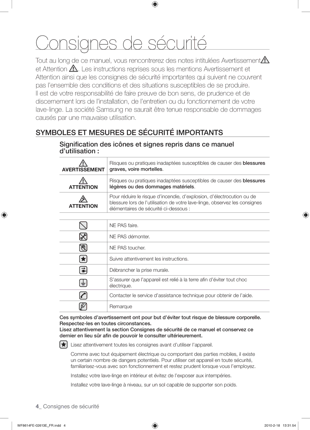 Samsung WF8614FEC/XEN manual Consignes de sécurité, Symboles ET Mesures DE Sécurité Importants, Avertissement 