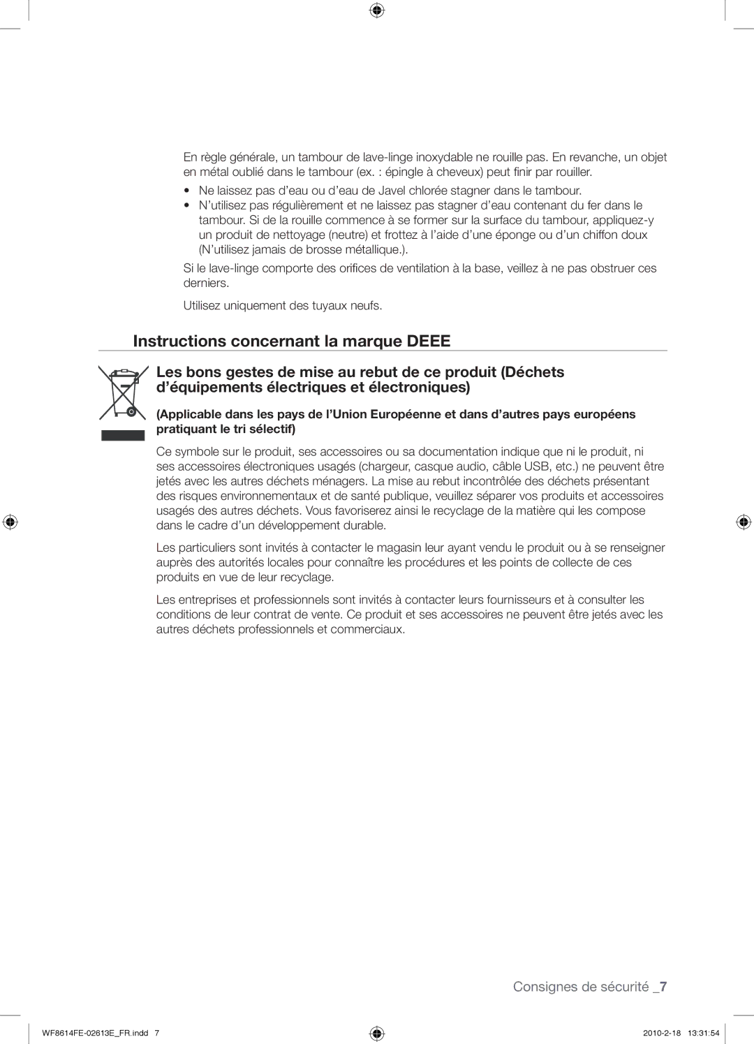 Samsung WF8614FEC/XEN manual Instructions concernant la marque Deee 