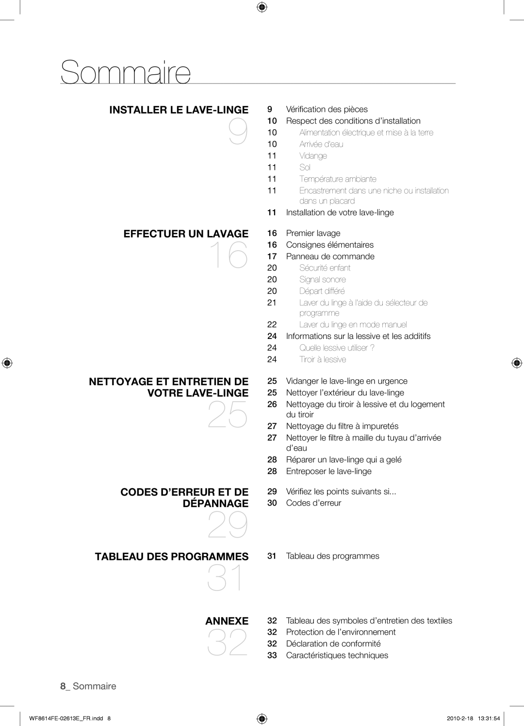 Samsung WF8614FEC/XEN Sommaire, Protection de l’environnement, Déclaration de conformité, Caractéristiques techniques 