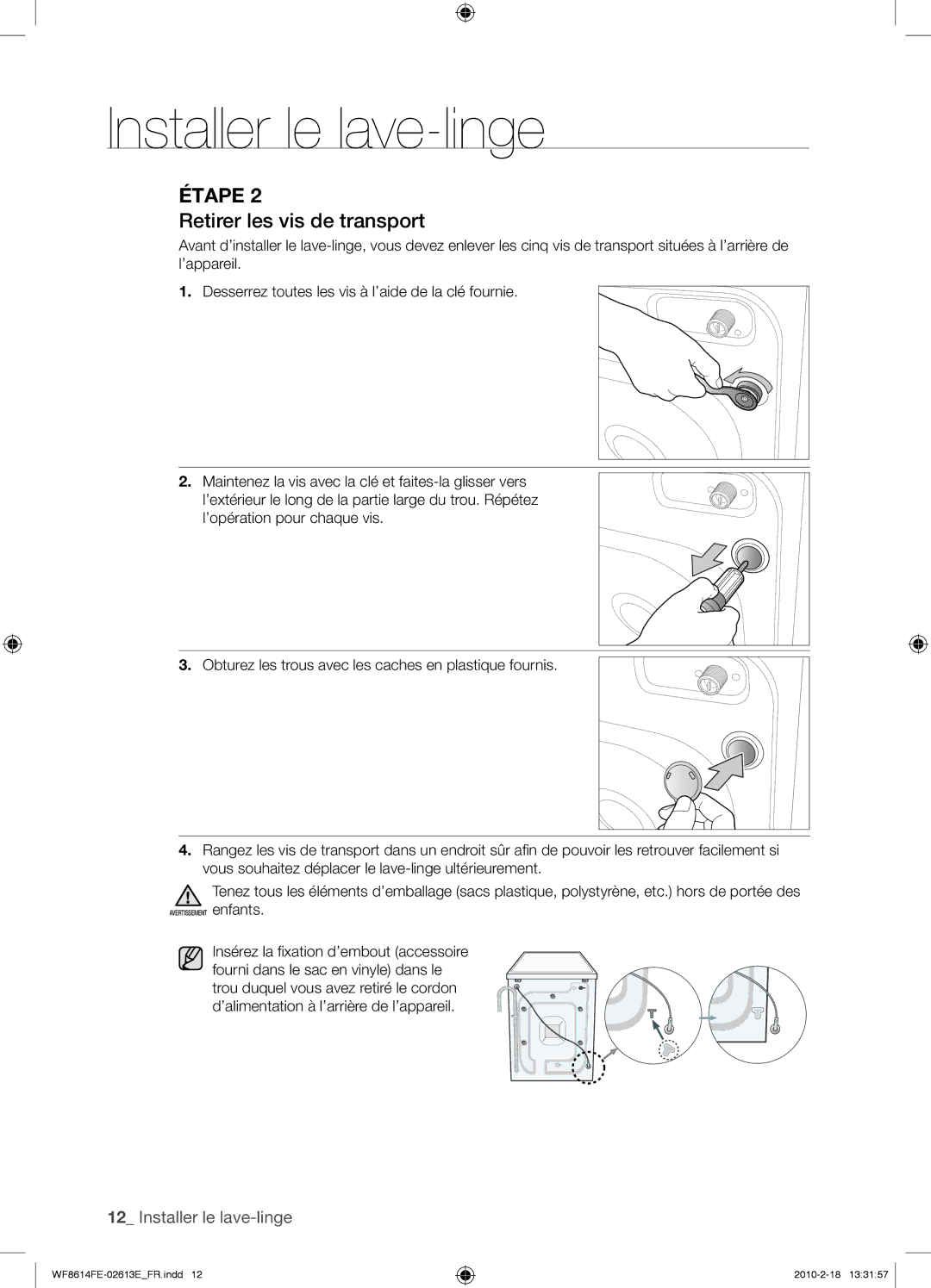 Samsung WF8614FEC/XEN manual Retirer les vis de transport 