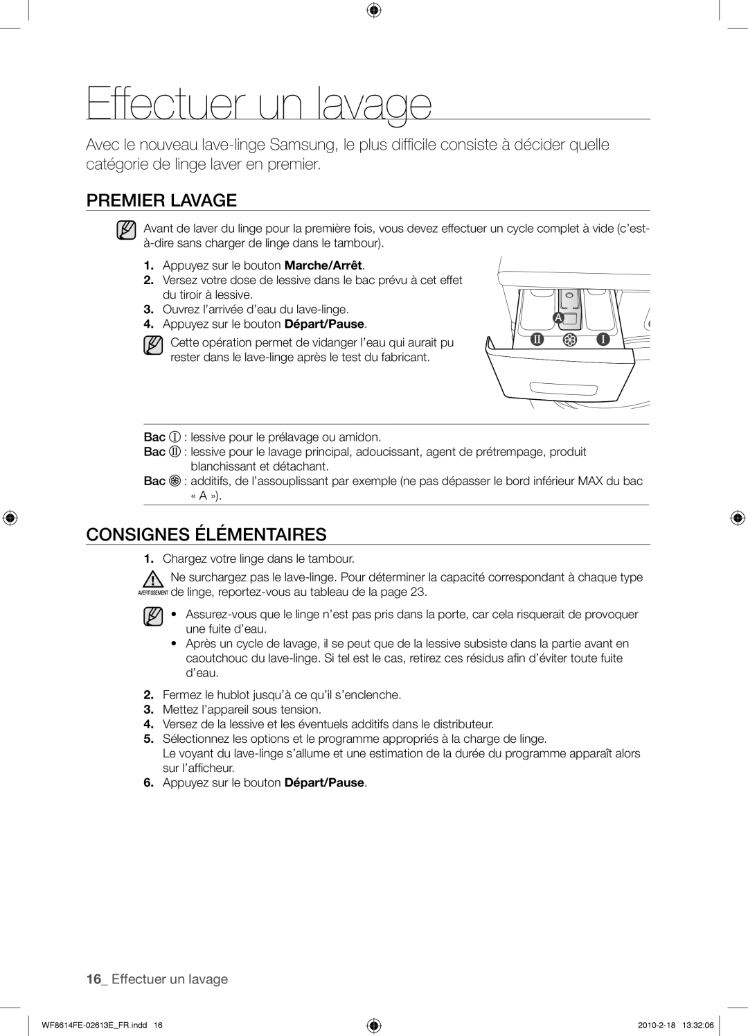 Samsung WF8614FEC/XEN manual Effectuer un lavage, Premier Lavage, Consignes Élémentaires 