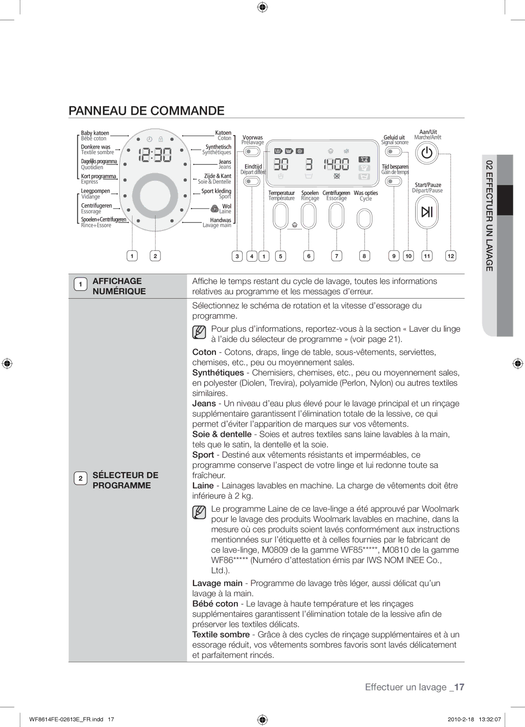 Samsung WF8614FEC/XEN manual Panneau DE Commande, Affichage, Numérique, Sélecteur DE, Programme 