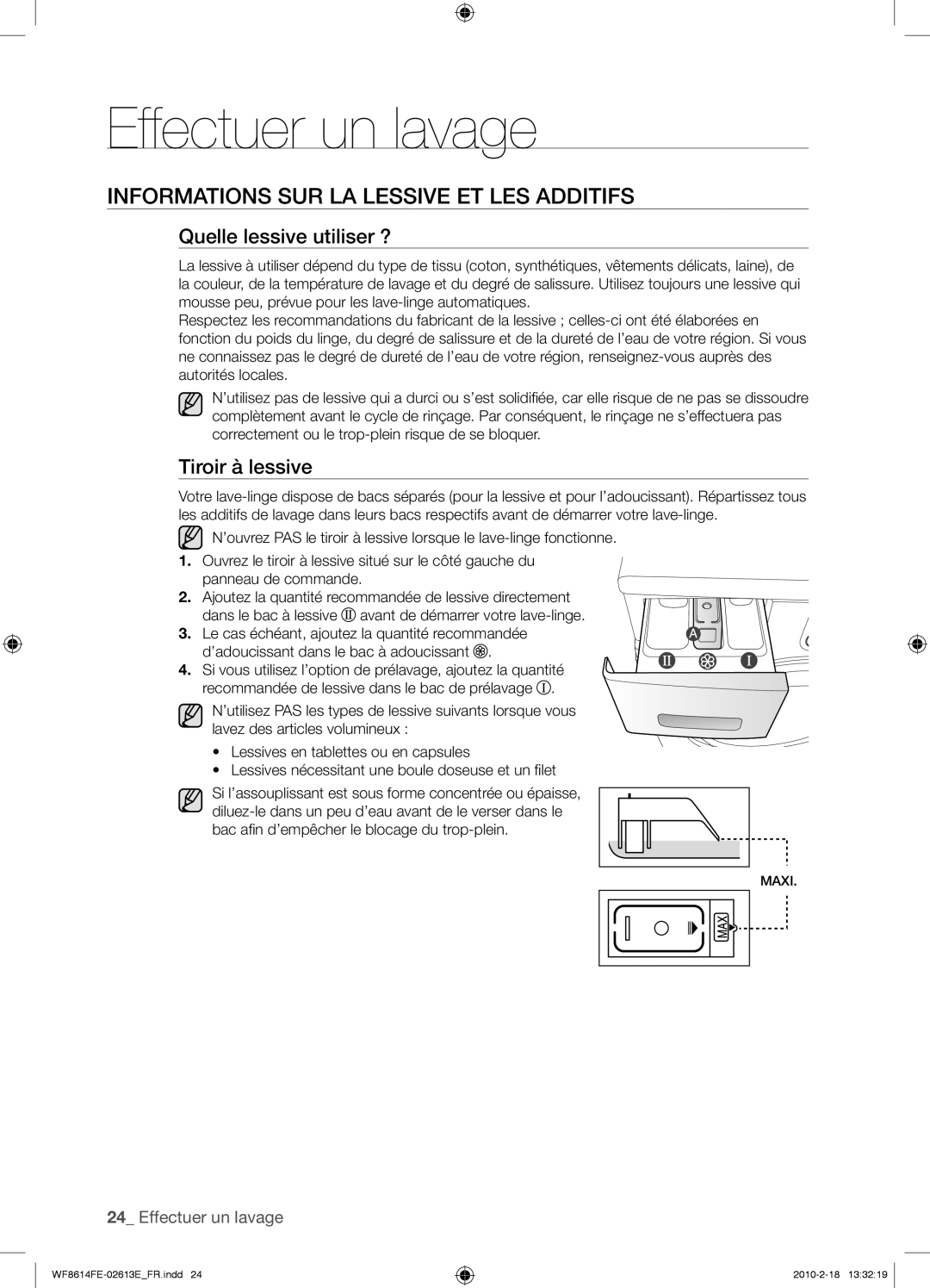 Samsung WF8614FEC/XEN manual Informations SUR LA Lessive ET LES Additifs, Quelle lessive utiliser ?, Tiroir à lessive 