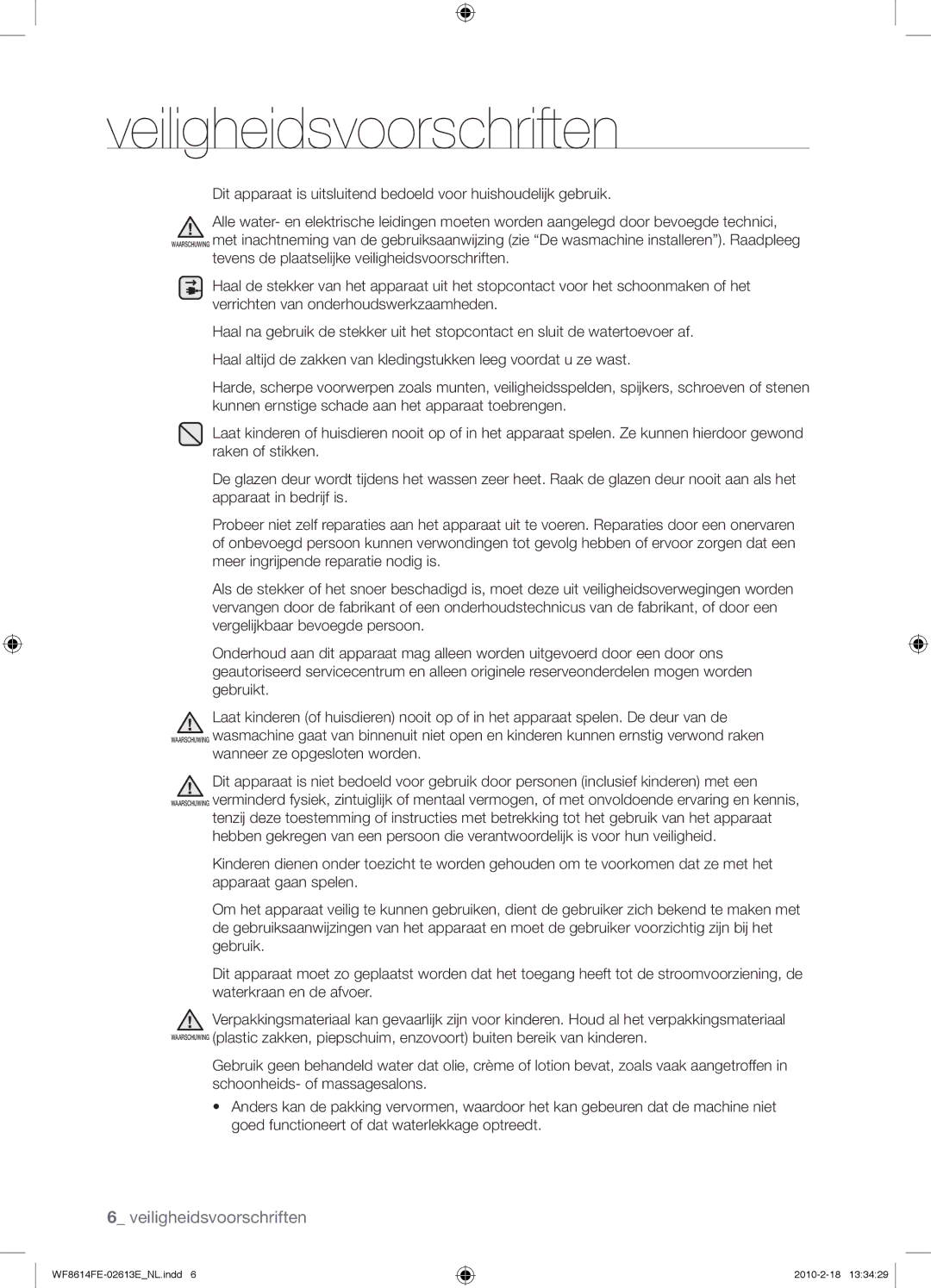 Samsung WF8614FEC/XEN manual Veiligheidsvoorschriften 