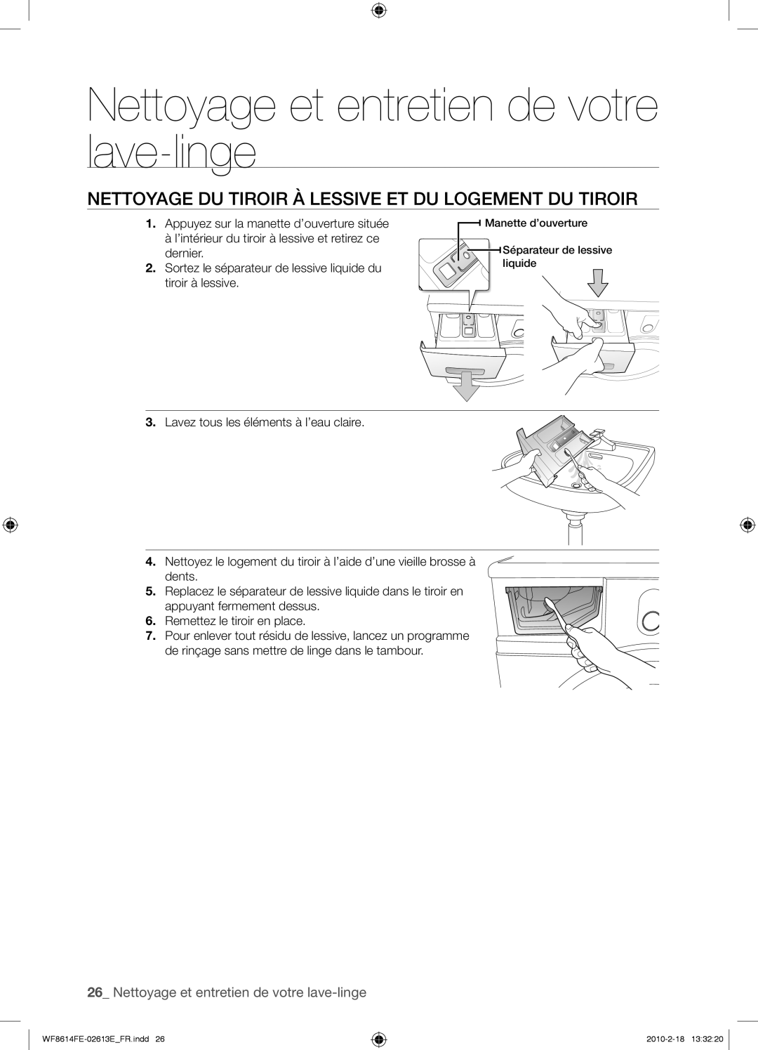 Samsung WF8614FEC/XEN manual Nettoyage DU Tiroir À Lessive ET DU Logement DU Tiroir 