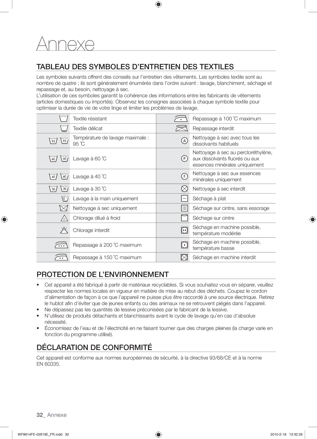 Samsung WF8614FEC/XEN manual Annexe, Tableau DES Symboles D’ENTRETIEN DES Textiles, Protection DE L’ENVIRONNEMENT 