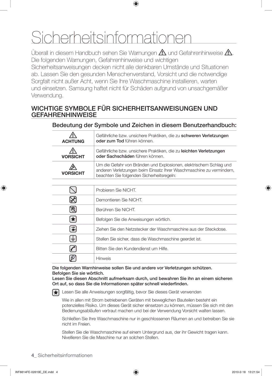 Samsung WF8614FEC/XEN manual Sicherheitsinformationen, Achtung, Vorsicht 