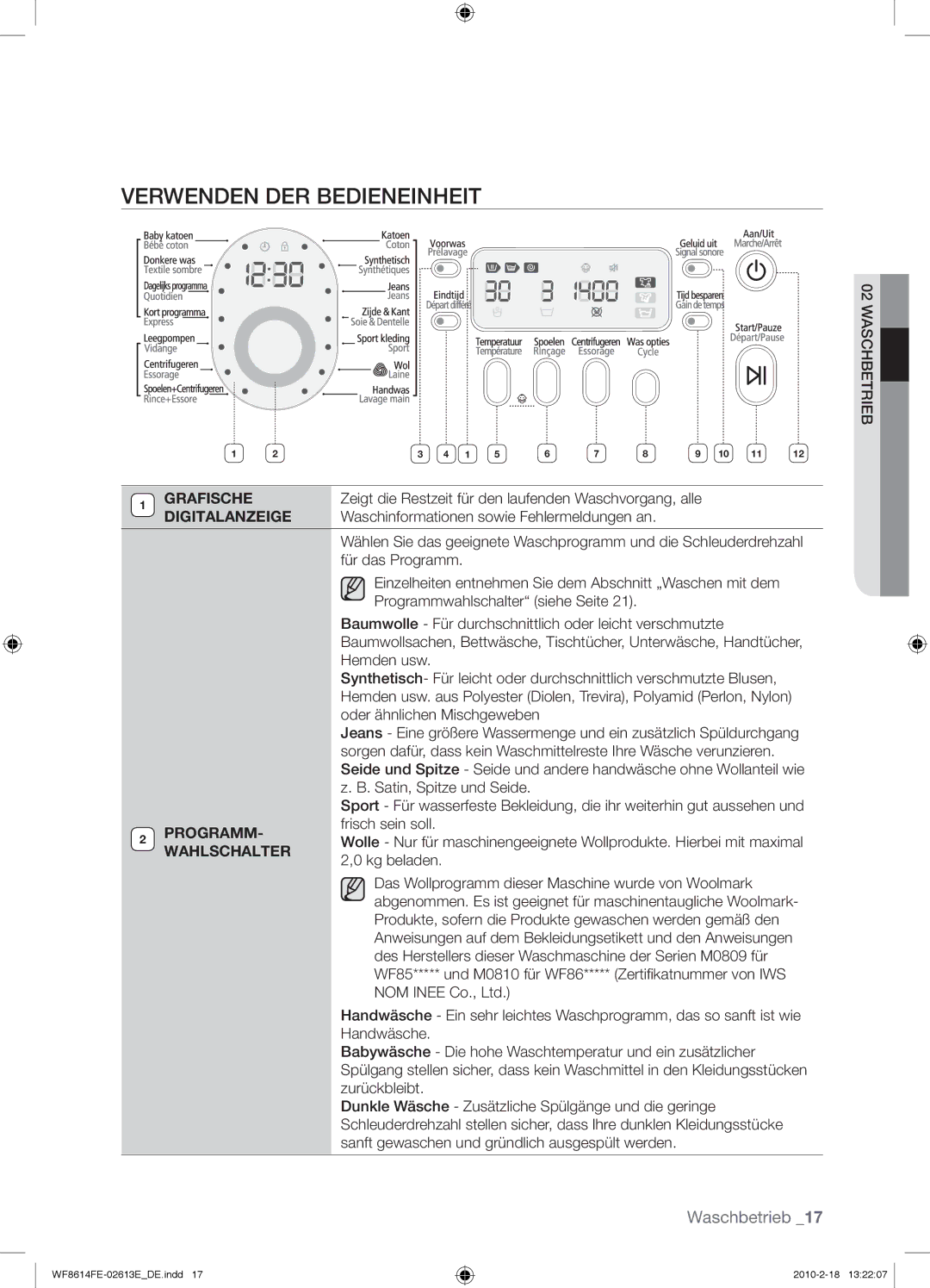 Samsung WF8614FEC/XEN manual Verwenden DER Bedieneinheit, Grafische, Digitalanzeige, Programm, Wahlschalter 