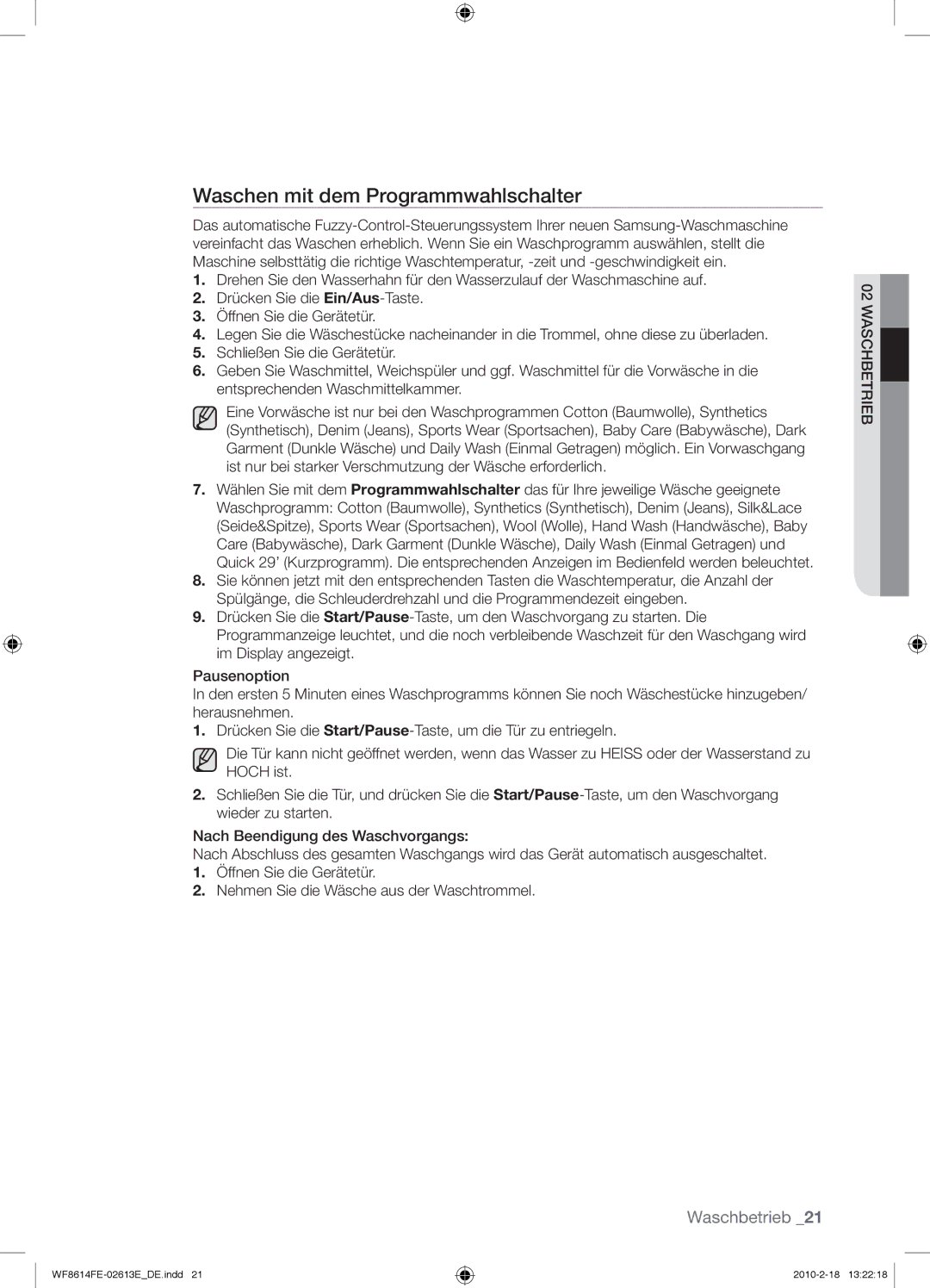 Samsung WF8614FEC/XEN manual Waschen mit dem Programmwahlschalter 