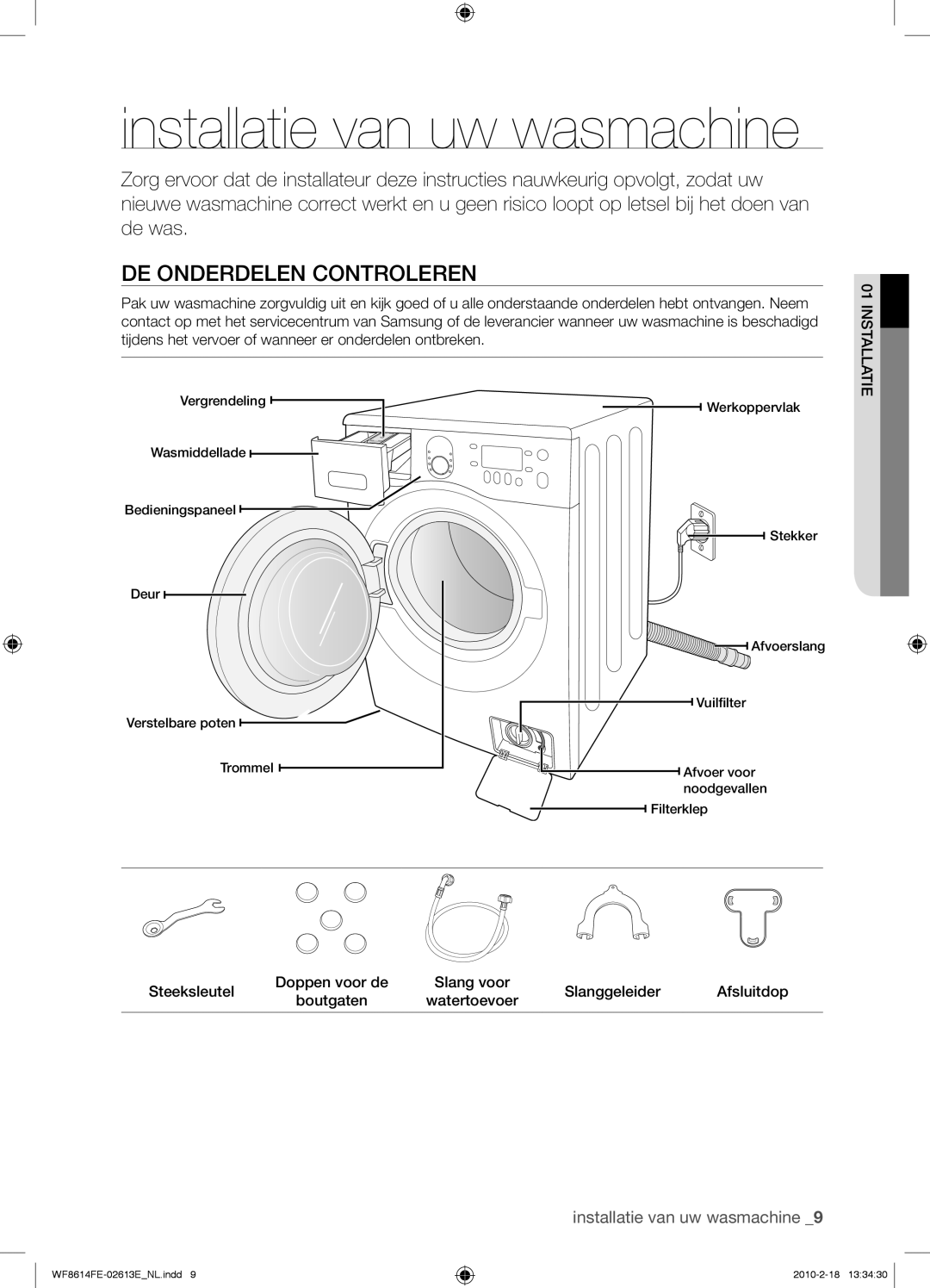 Samsung WF8614FEC/XEN manual Installatie van uw wasmachine, DE Onderdelen Controleren 