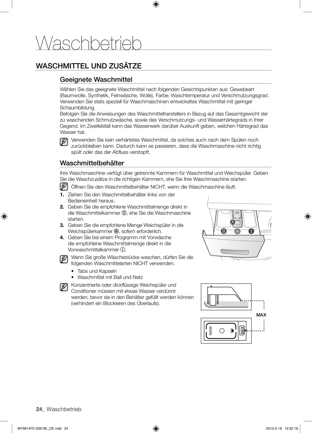 Samsung WF8614FEC/XEN manual Waschmittel UND Zusätze, Geeignete Waschmittel, Waschmittelbehälter 