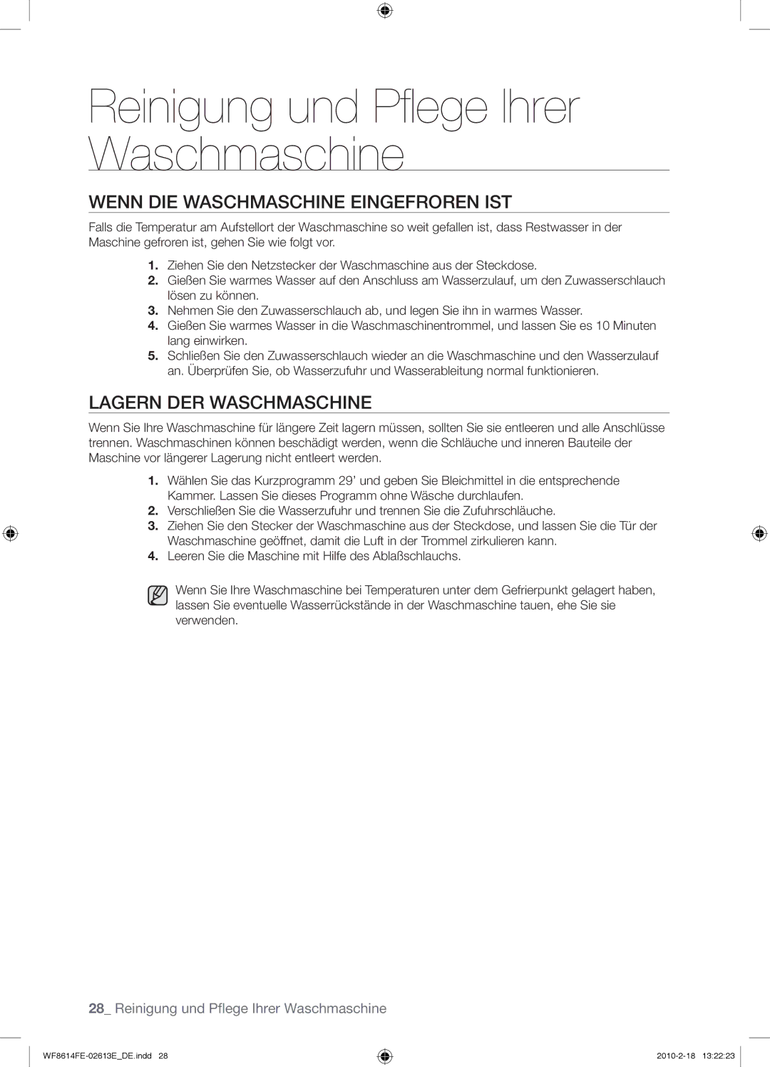 Samsung WF8614FEC/XEN manual Wenn DIE Waschmaschine Eingefroren IST, Lagern DER Waschmaschine 