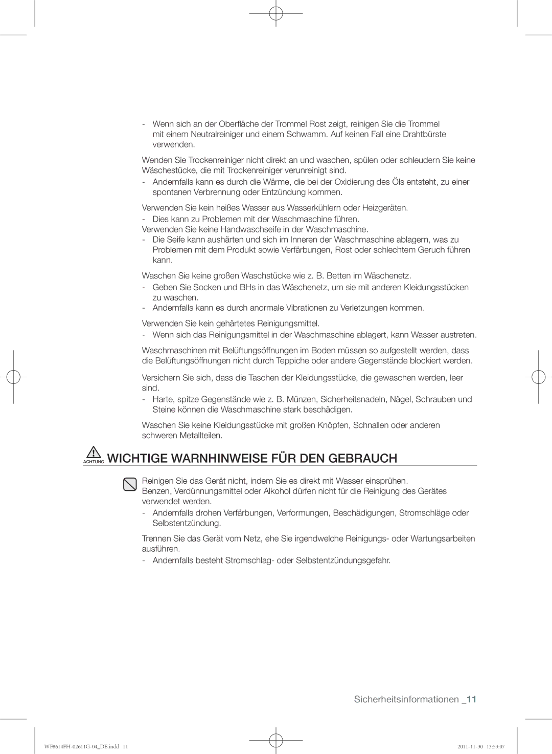 Samsung WF8614FH/XEG manual Achtung Wichtige Warnhinweise FÜR DEN Gebrauch 