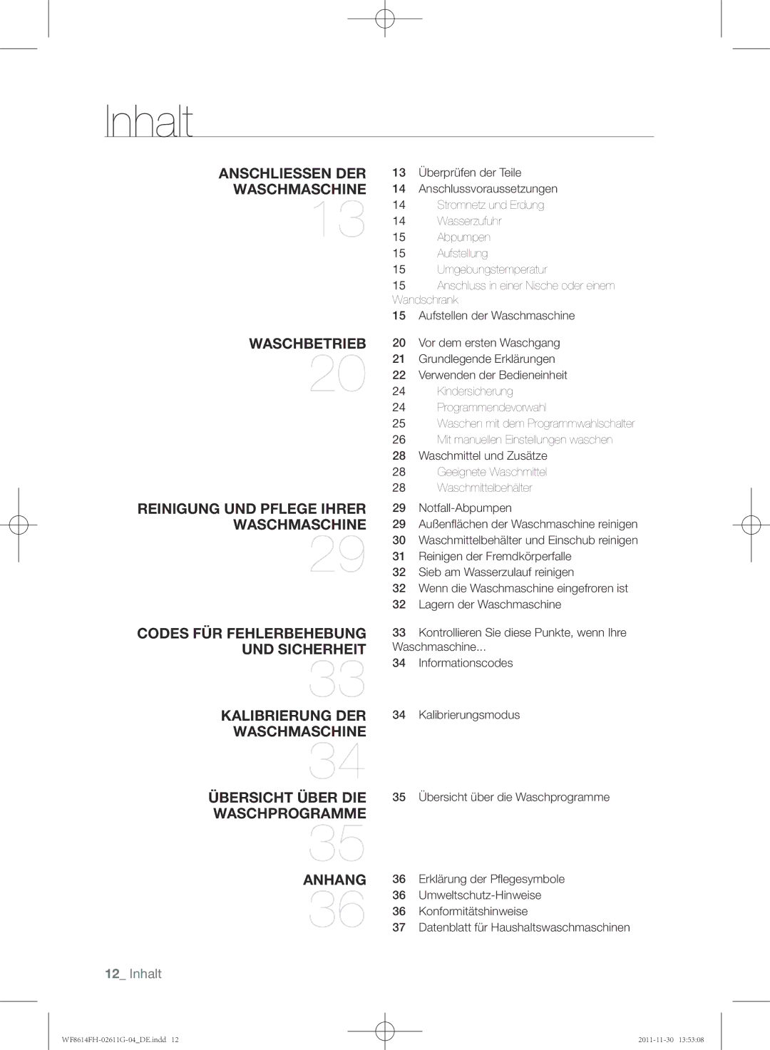 Samsung WF8614FH/XEG manual Inhalt 