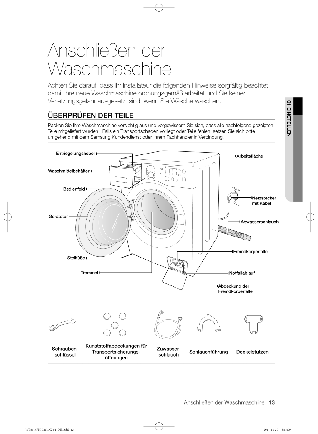 Samsung WF8614FH/XEG manual Anschließen der Waschmaschine, Überprüfen DER Teile 