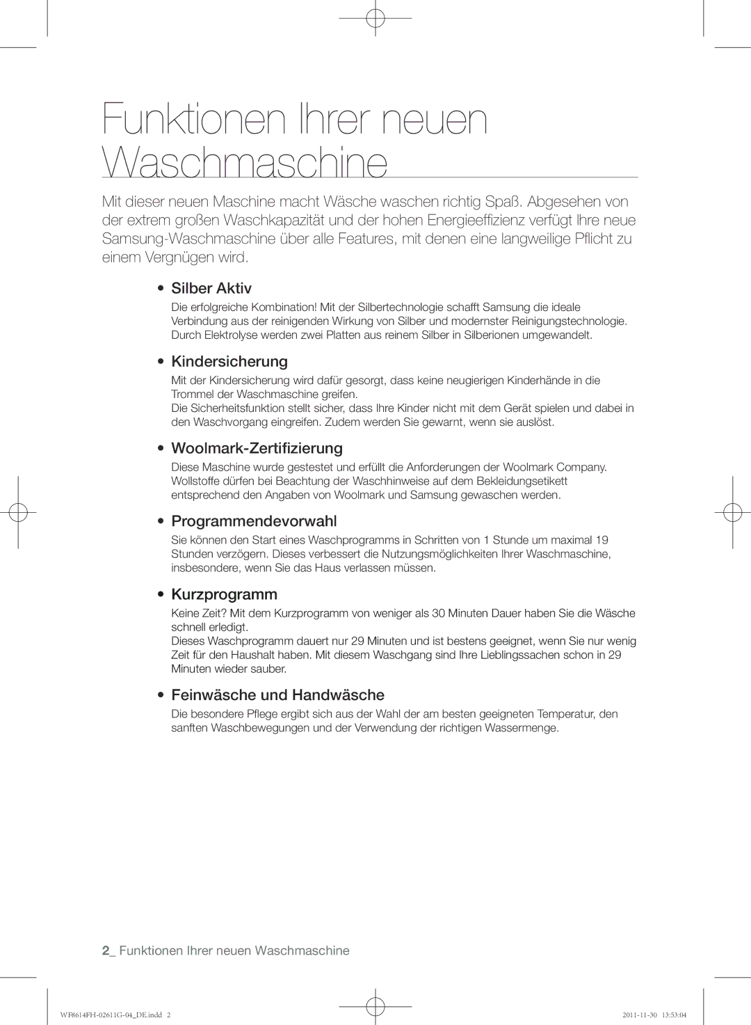 Samsung WF8614FH/XEG manual Funktionen Ihrer neuen Waschmaschine 