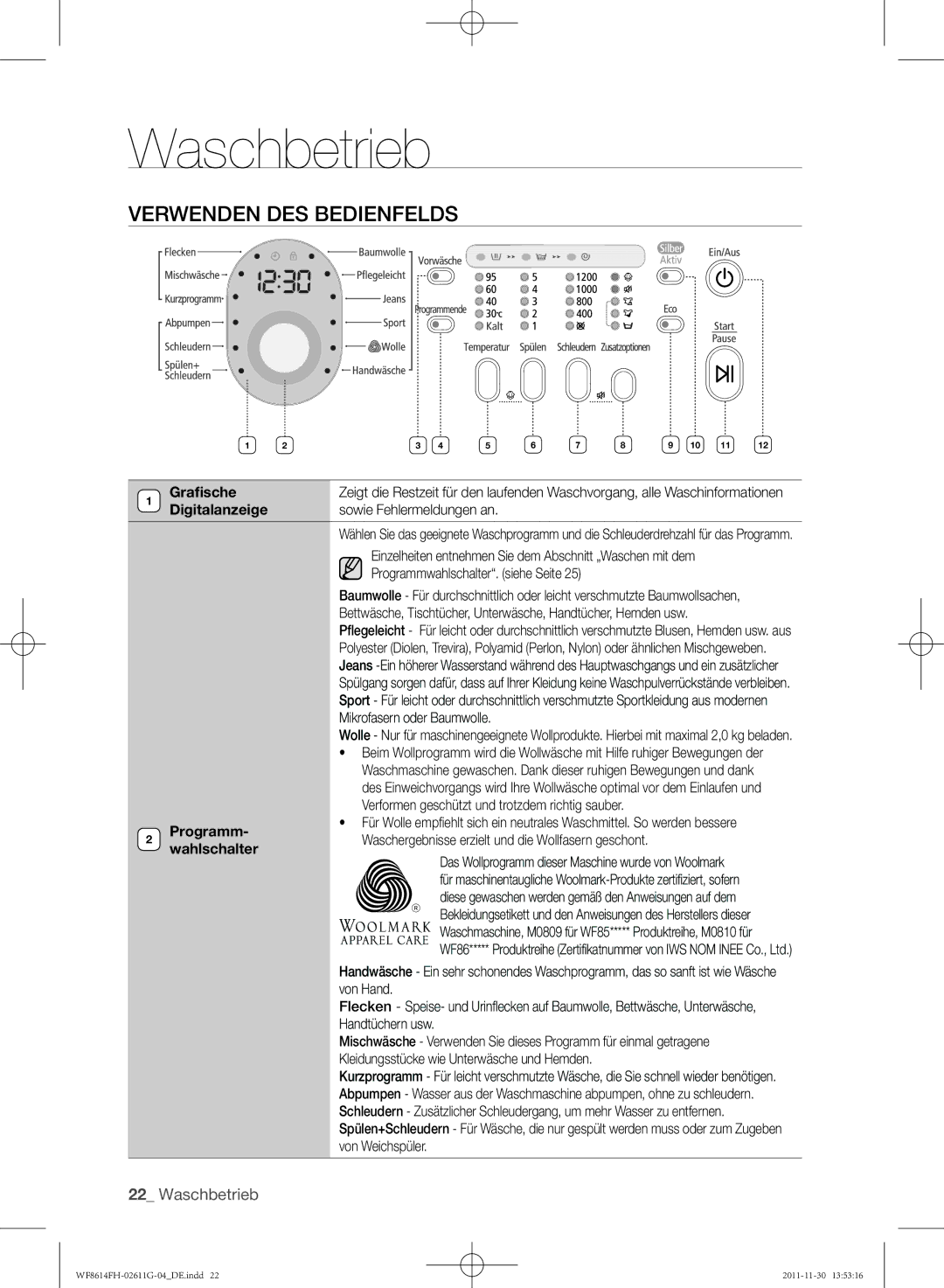 Samsung WF8614FH/XEG manual Verwenden DES Bedienfelds 