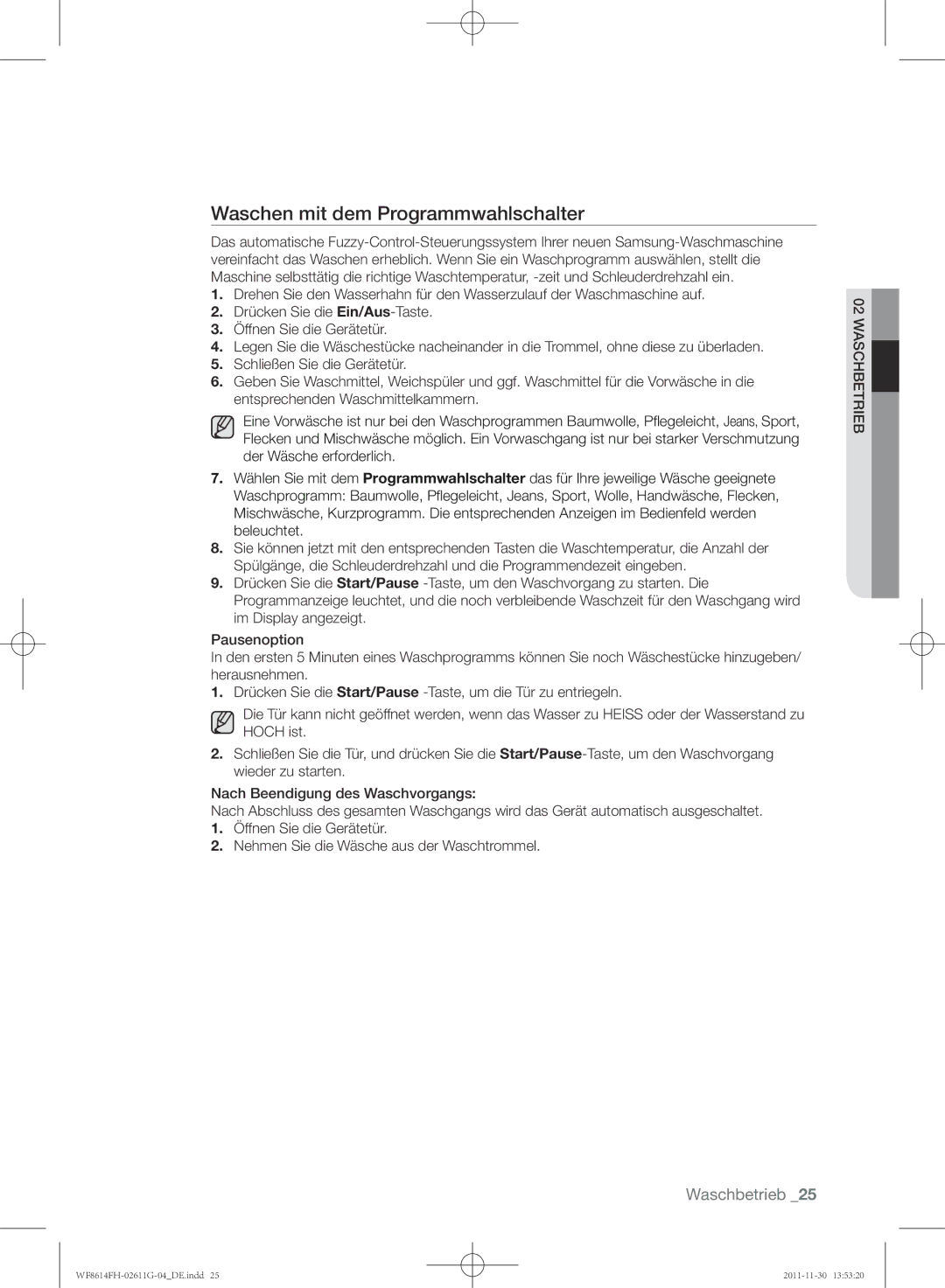 Samsung WF8614FH/XEG manual Waschen mit dem Programmwahlschalter 