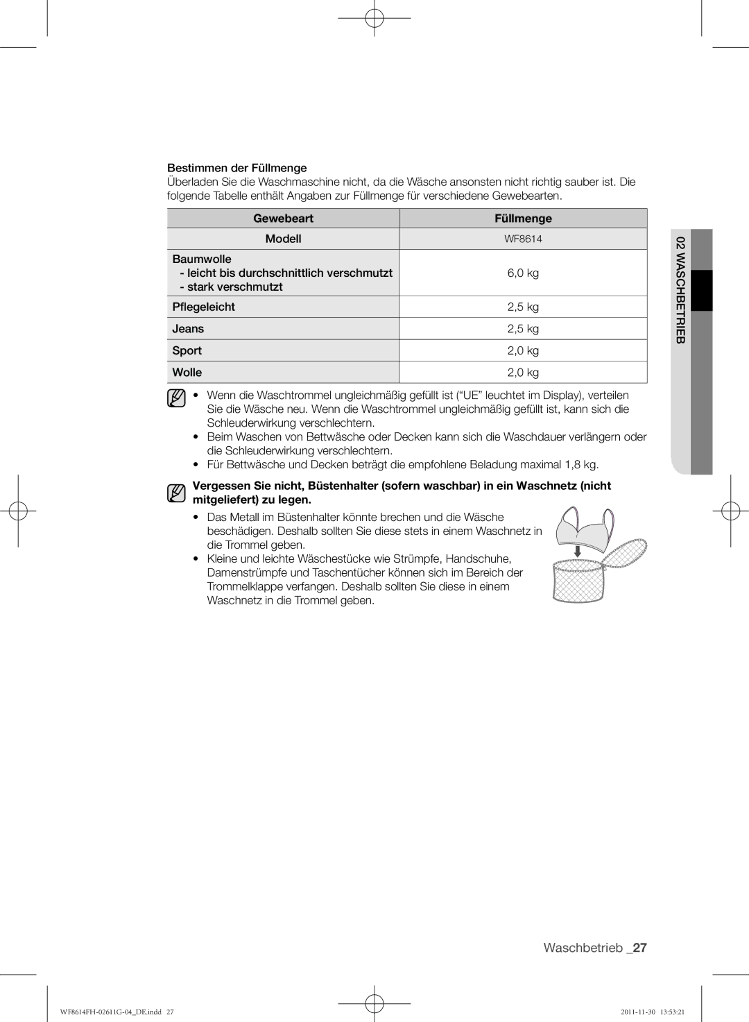 Samsung WF8614FH/XEG manual Gewebeart Füllmenge, Modell 