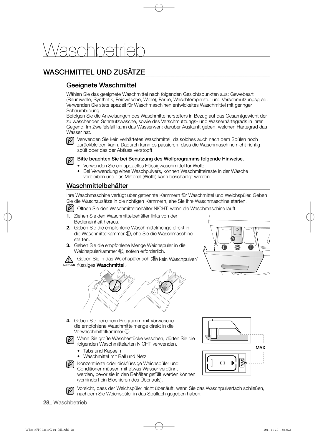 Samsung WF8614FH/XEG manual Geeignete Waschmittel, Waschmittelbehälter, Tabs und Kapseln Waschmittel mit Ball und Netz 