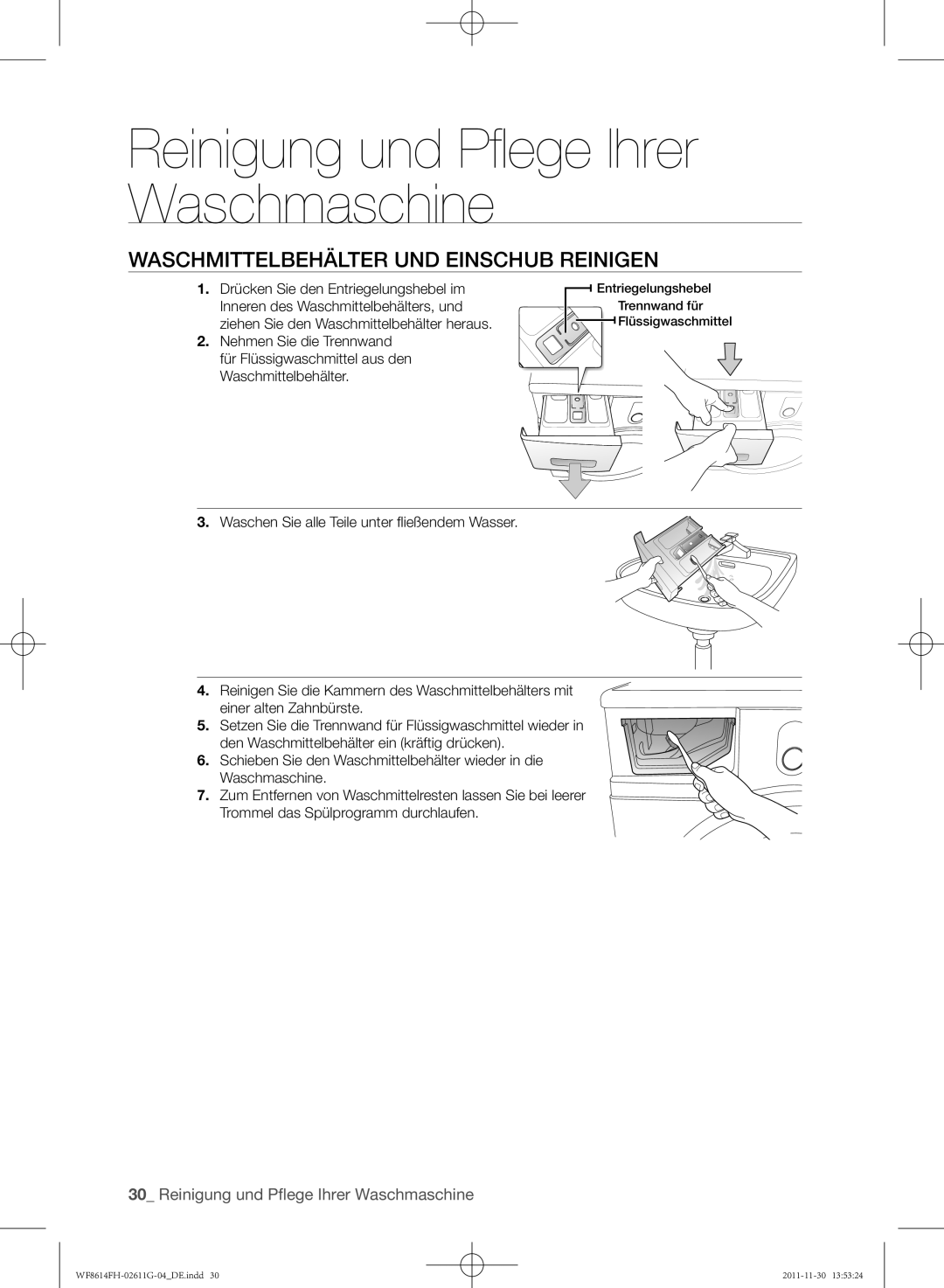 Samsung WF8614FH/XEG manual Waschmittelbehälter UND Einschub Reinigen 