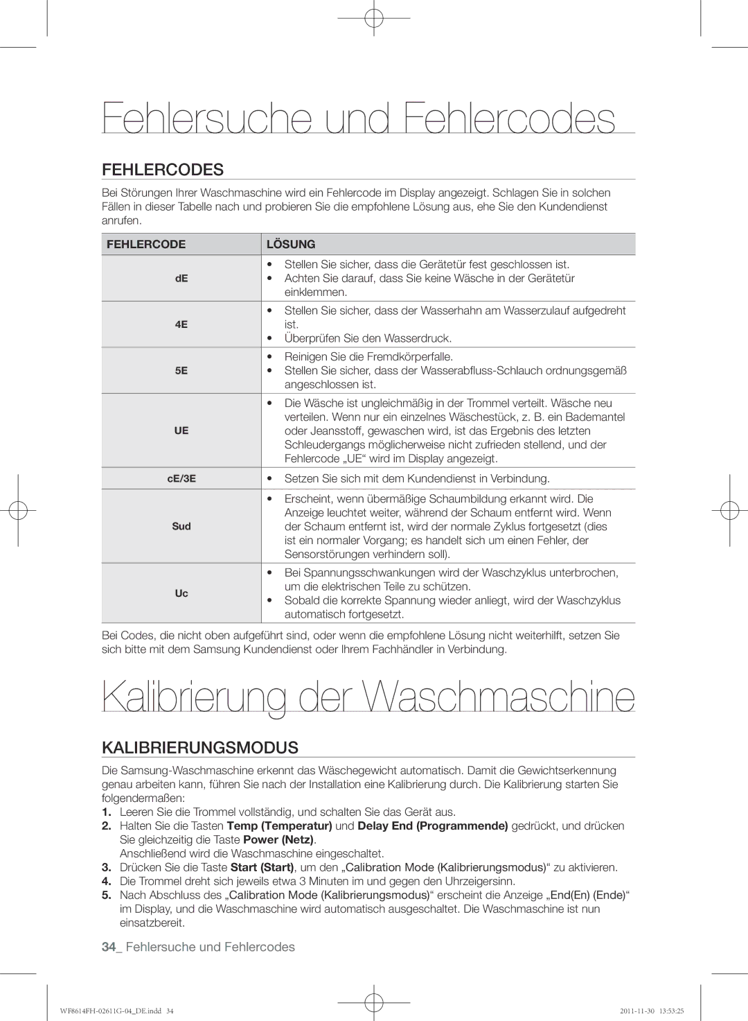 Samsung WF8614FH/XEG manual Fehlersuche und Fehlercodes, Kalibrierung der Waschmaschine 