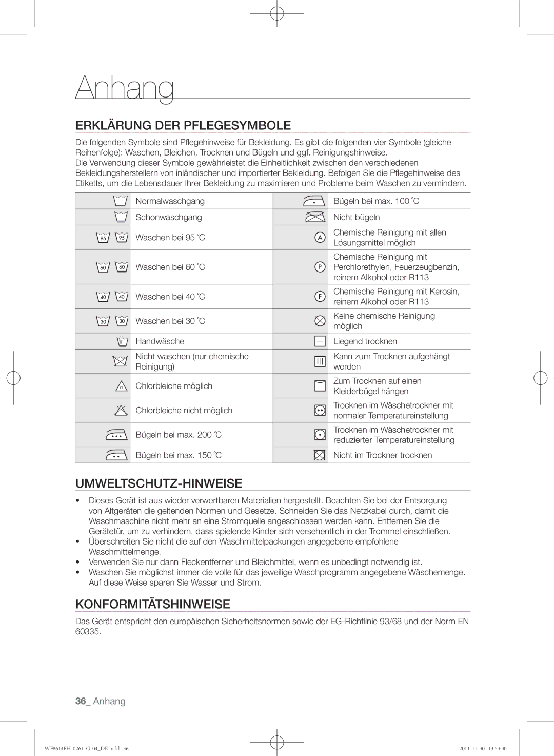 Samsung WF8614FH/XEG manual Anhang, Erklärung DER Pflegesymbole, Umweltschutz-Hinweise, Konformitätshinweise 