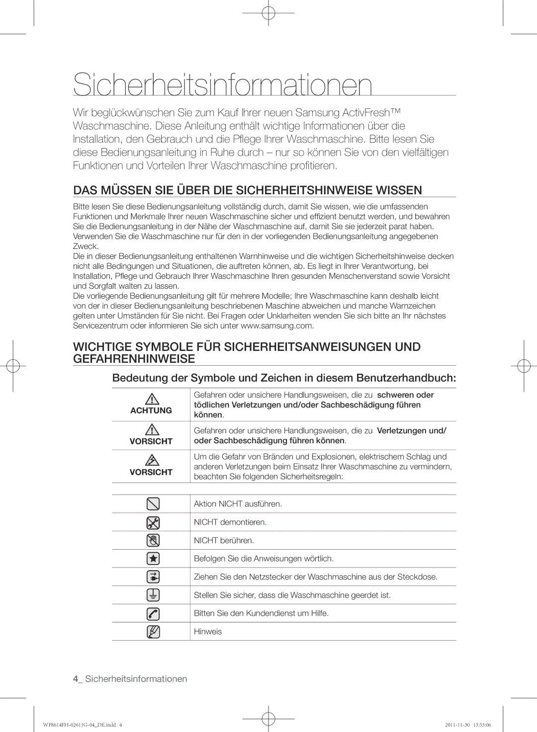 Samsung WF8614FH/XEG manual Sicherheitsinformationen, DAS Müssen SIE Über DIE Sicherheitshinweise Wissen 