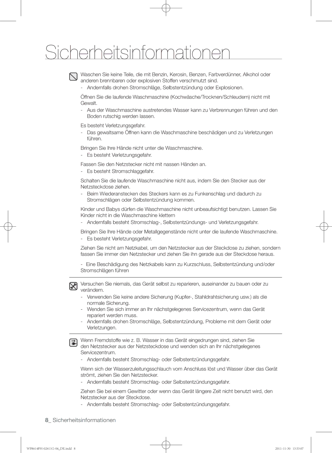 Samsung WF8614FH/XEG manual Sicherheitsinformationen 