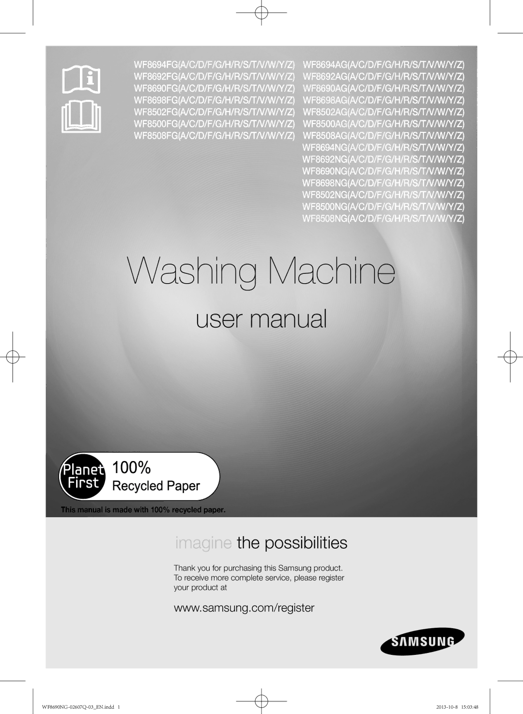 Samsung WF8690NGW/XSV, WF8690NGW1/XSV manual Washing Machine, This manual is made with 100% recycled paper 