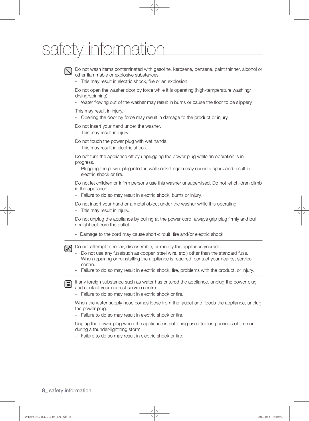 Samsung WF8690NGW1/XSV, WF8690NGW/XSV manual Safety information 