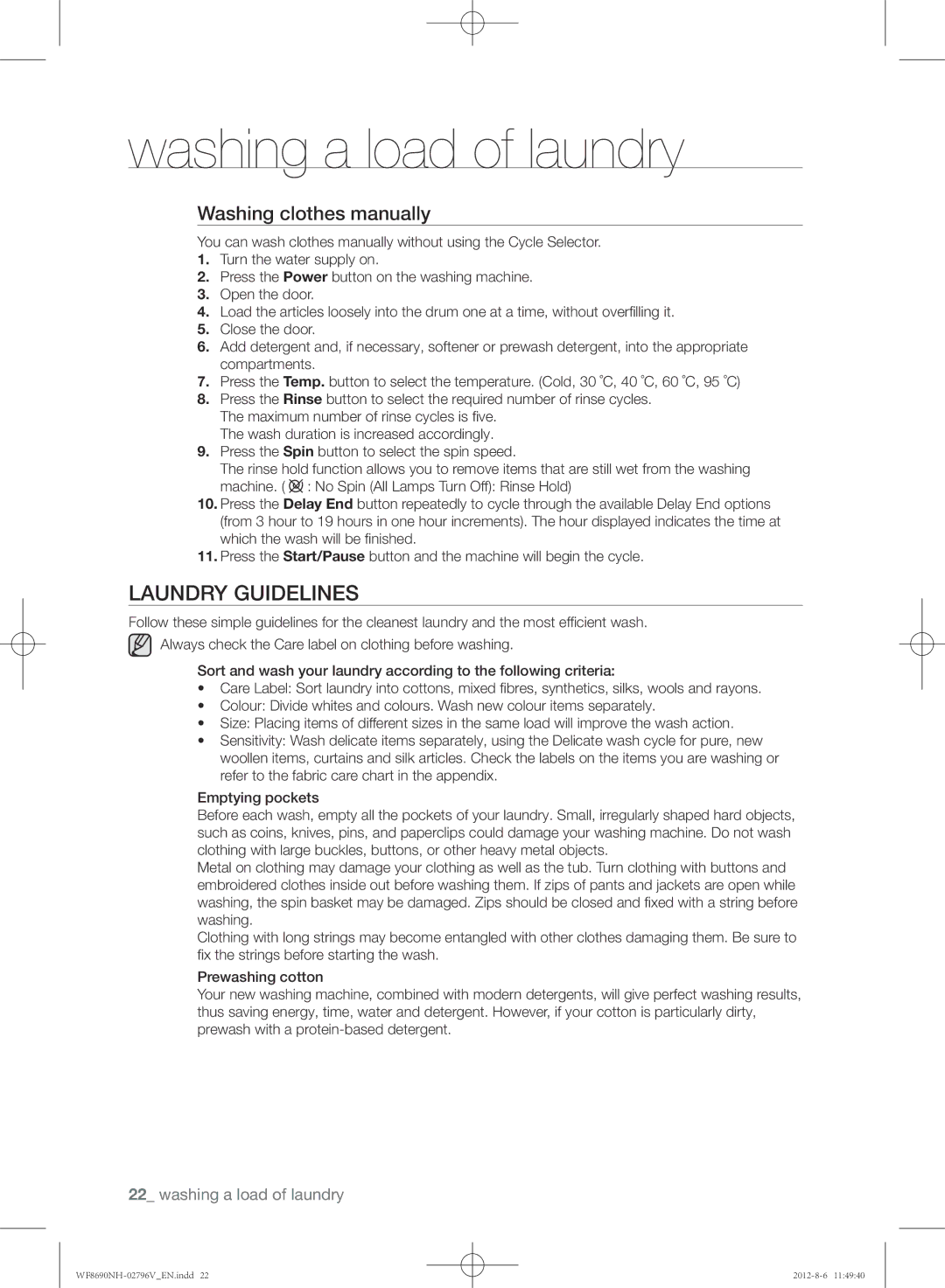 Samsung WF8690NHS/YLO Laundry guidelines, Washing clothes manually 