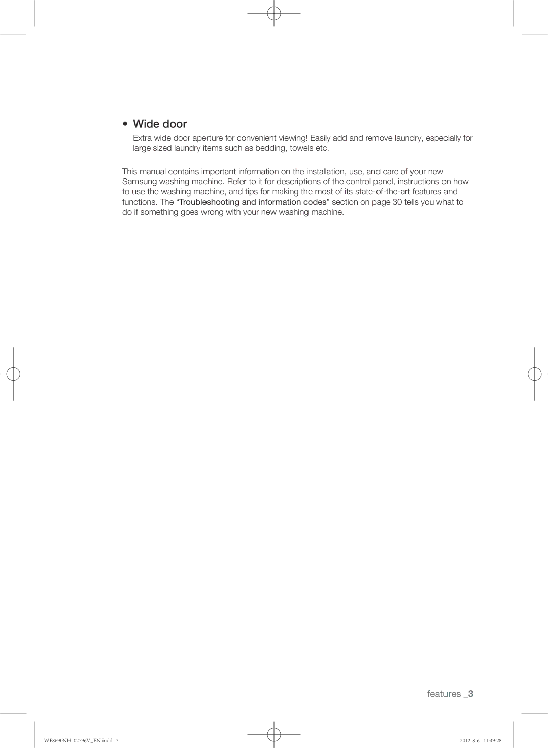 Samsung WF8690NHS/YLO manual Wide door 