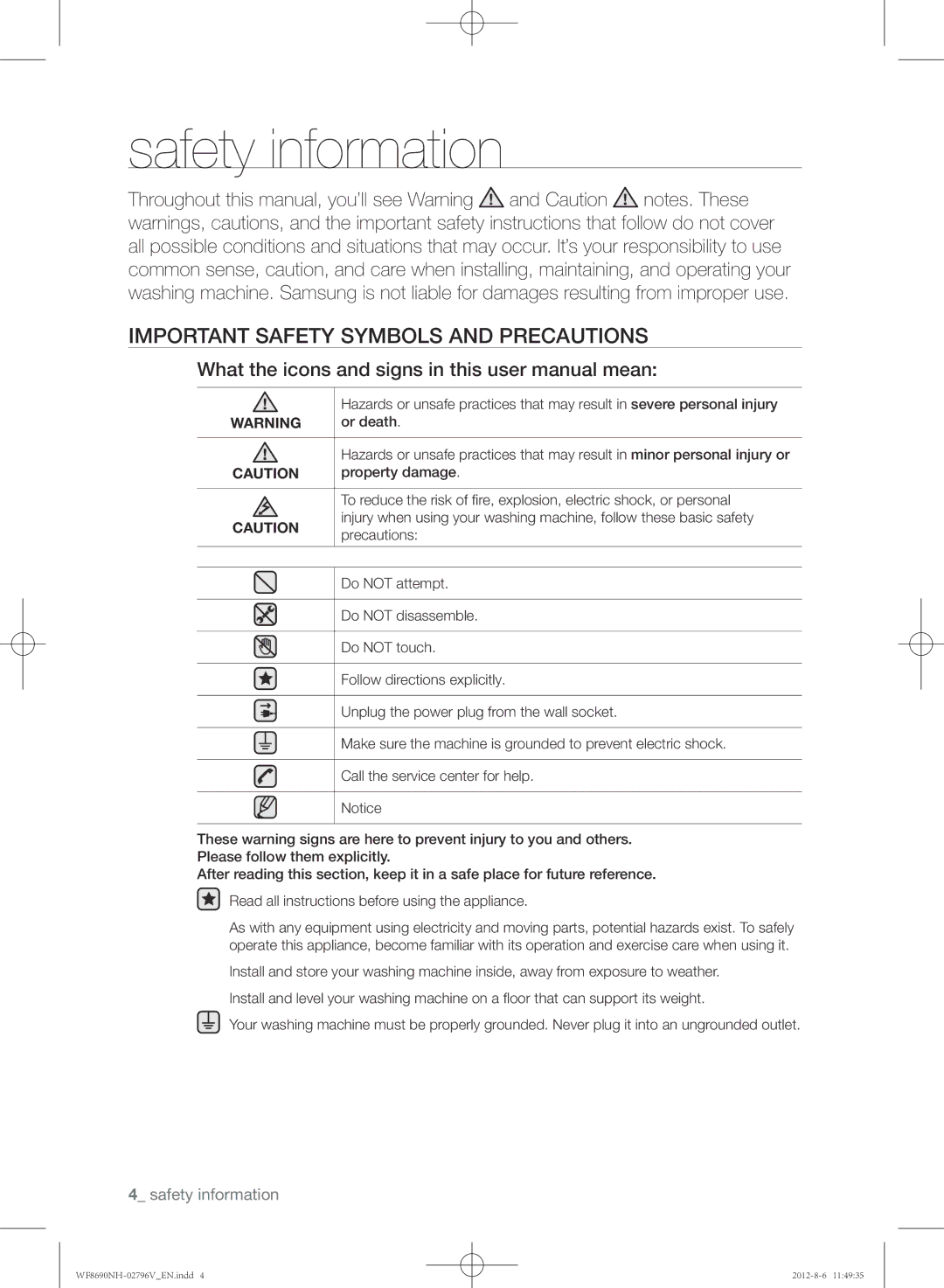 Samsung WF8690NHS/YLO Safety information, Important safety symbols and precautions, Or death, Property damage, Precautions 