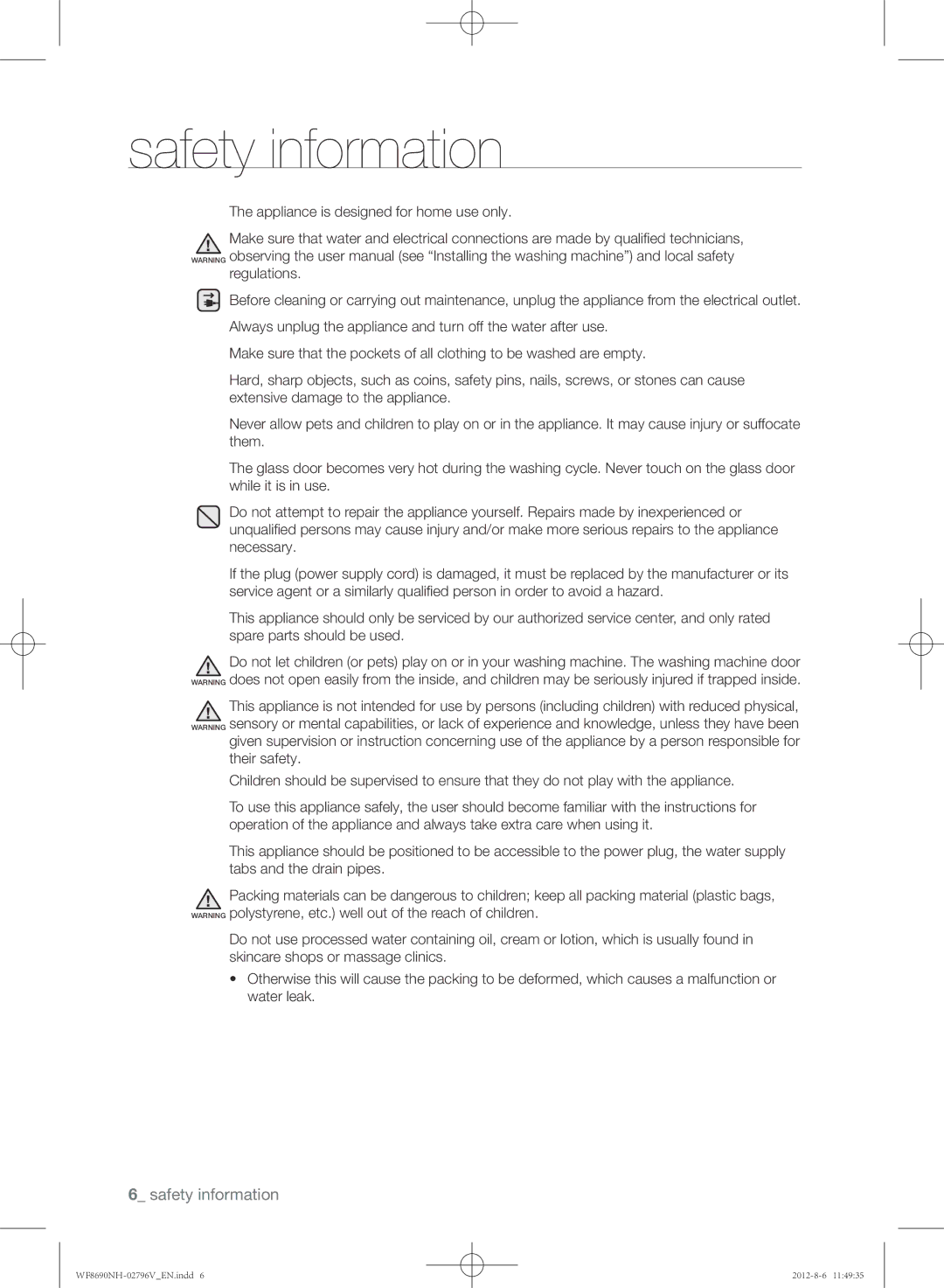 Samsung WF8690NHS/YLO manual Safety information 