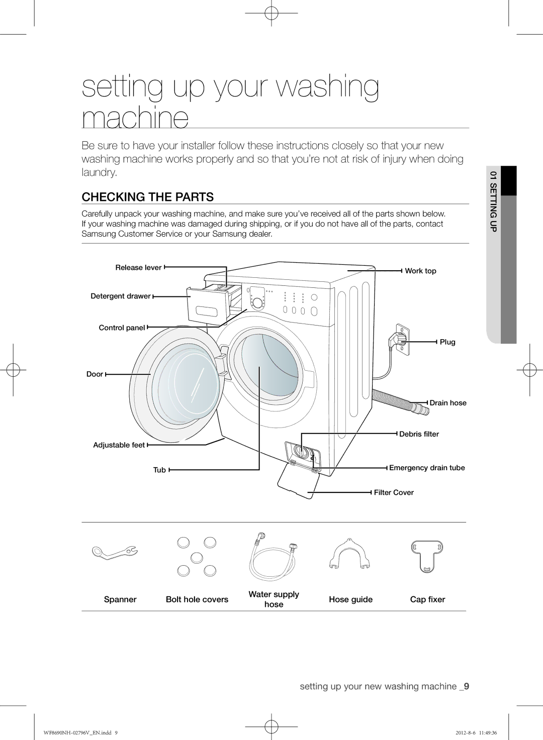 Samsung WF8690NHS/YLO manual Setting up your washing machine, Checking the parts 