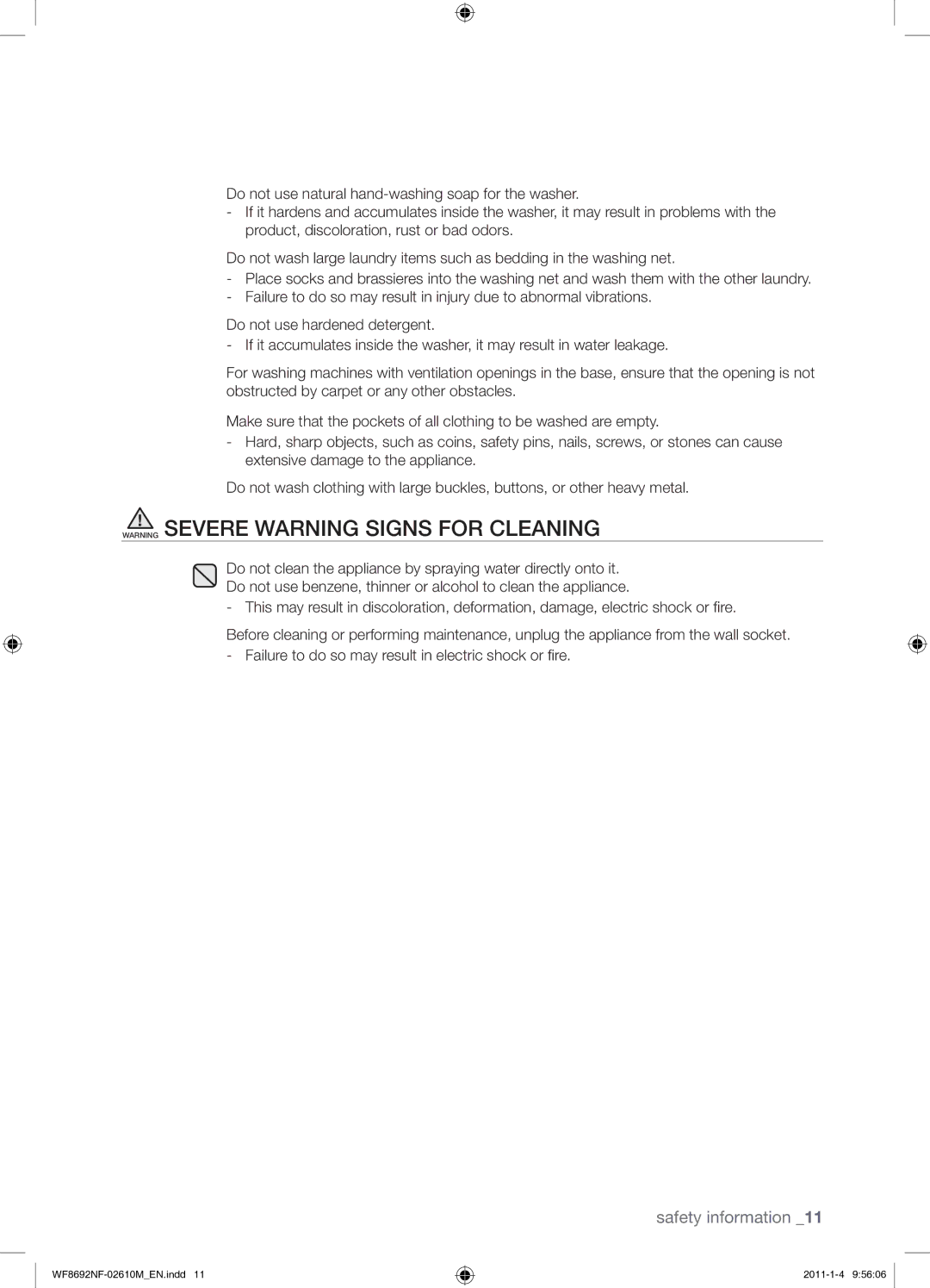 Samsung WF8692NFU/XSG manual Safety information 