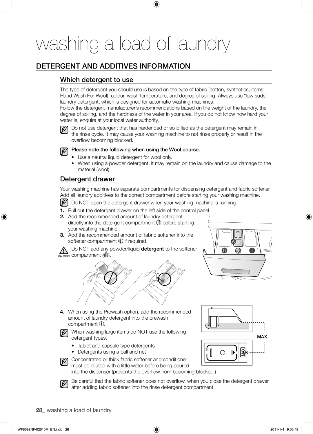 Samsung WF8692NFU/XSG manual Detergent and Additives Information, Which detergent to use, Detergent drawer 