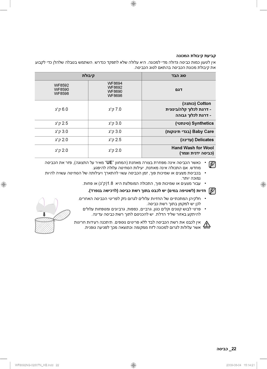 Samsung WF8692NGV/YKJ הנוכמה תלוביק תעיבק, תלוביק דבה גוס, םגד, הנתוכ Cotton, תינוניב/הלק ךולכל תגרד, ההובג ךולכל תגרד 