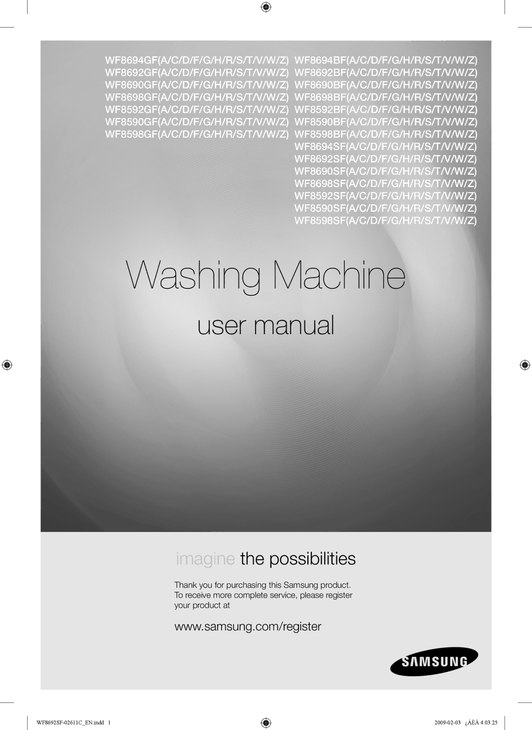 Samsung WF8692SFV/XSG, WF8692SFU/XSG manual Washing Machine 