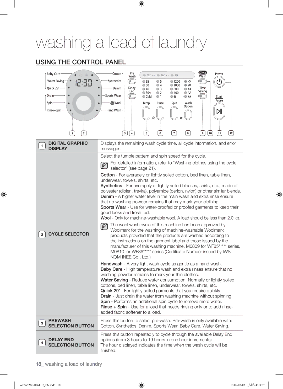 Samsung WF8692SFU/XSG, WF8692SFV/XSG manual Using the Control Panel 