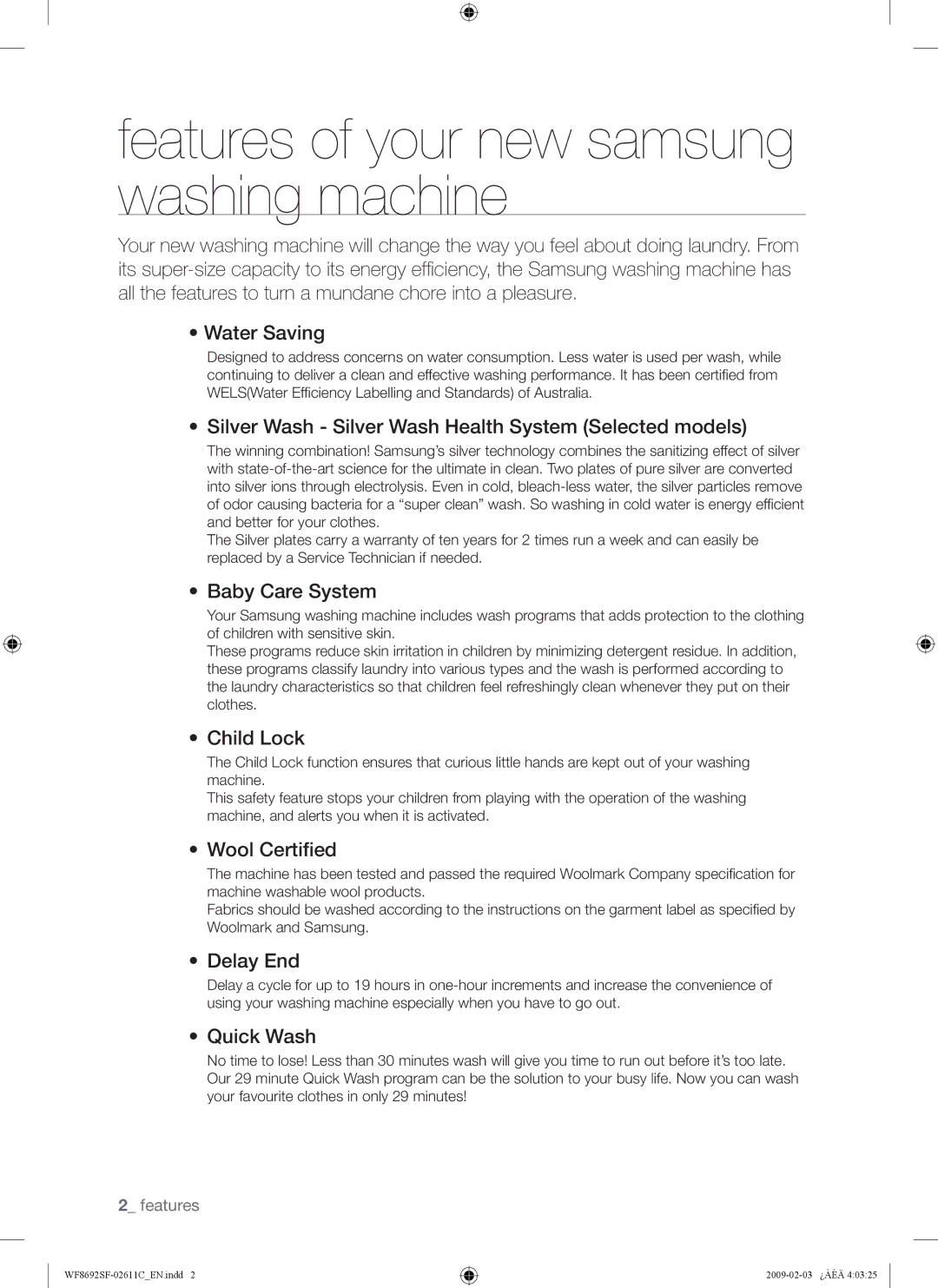 Samsung WF8692SFU/XSG, WF8692SFV/XSG manual Features of your new samsung washing machine 