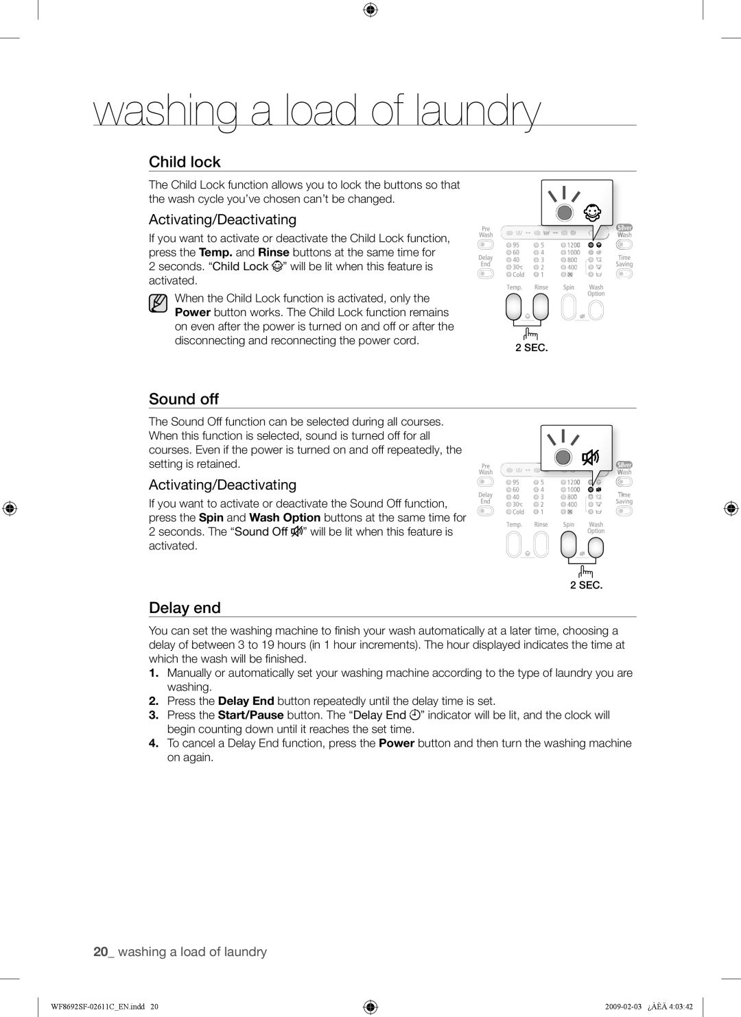 Samsung WF8692SFU/XSG, WF8692SFV/XSG manual Sound off, Activating/Deactivating 