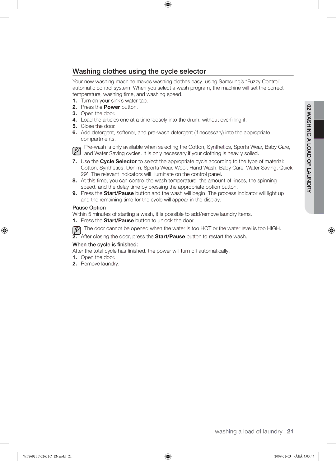 Samsung WF8692SFV/XSG, WF8692SFU/XSG manual Washing clothes using the cycle selector 