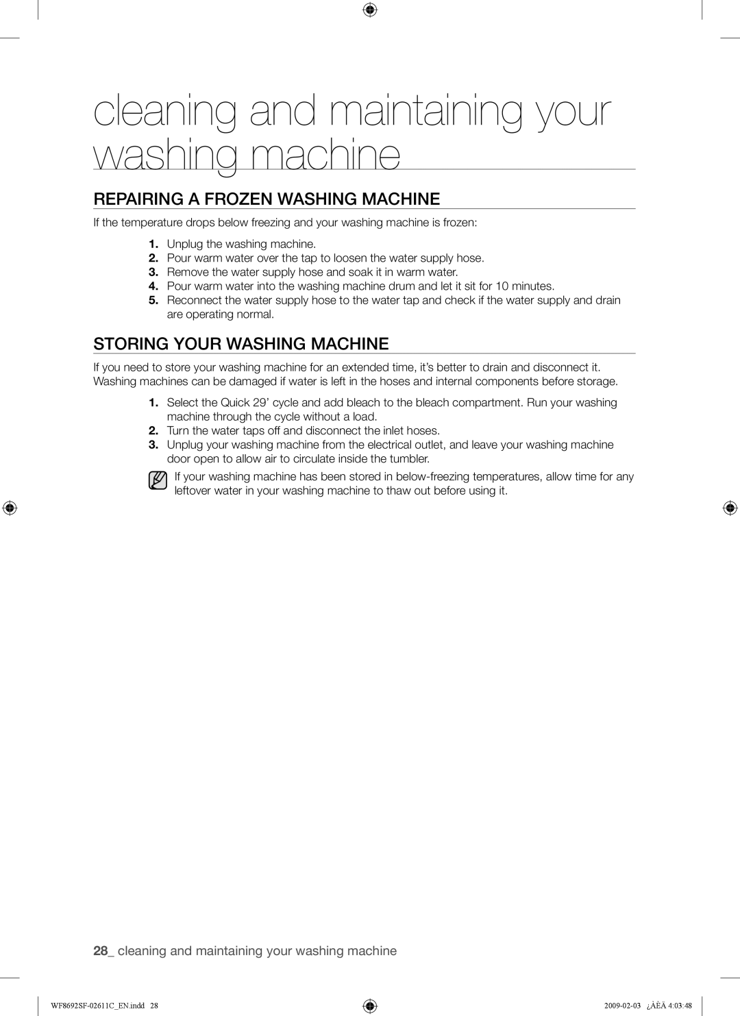 Samsung WF8692SFU/XSG, WF8692SFV/XSG manual Repairing a Frozen Washing Machine, Storing Your Washing Machine 